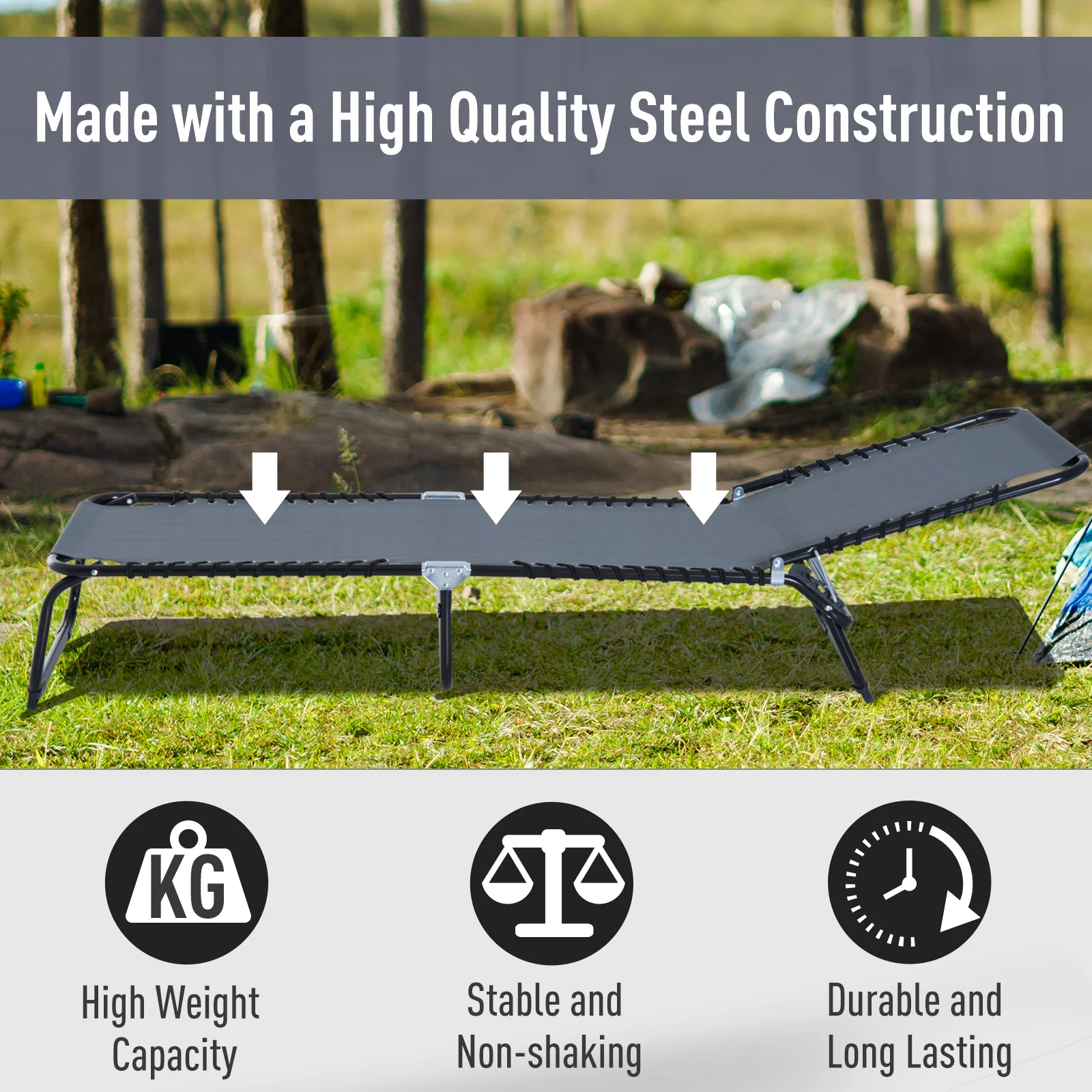 Folding Chaise Lounge Chair with 4-Position Recline, Breathable Mesh & Bungee Seat, Gray - Image 7