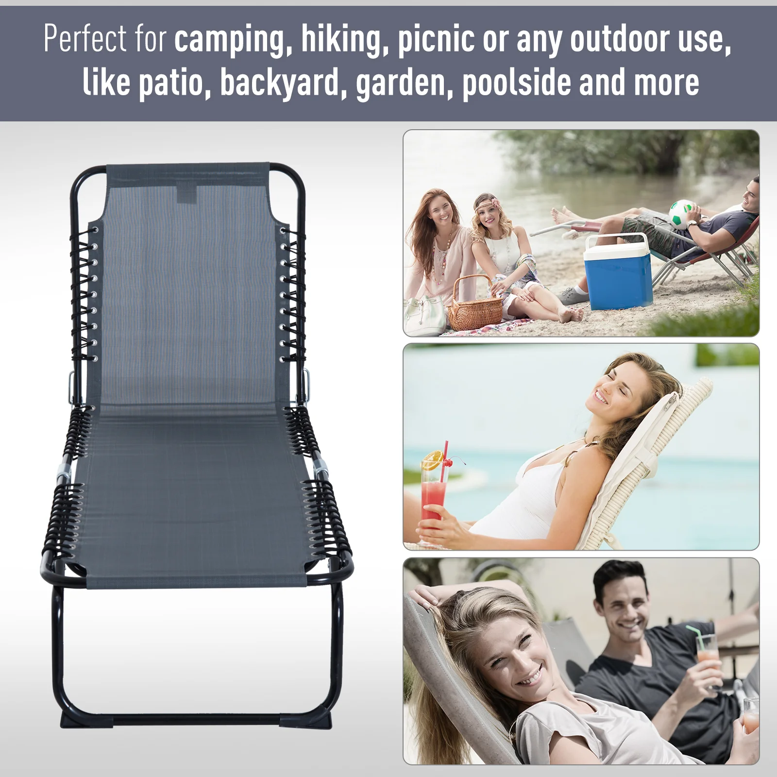 Folding Chaise Lounge Chair with 4-Position Recline, Breathable Mesh & Bungee Seat, Gray - Image 9