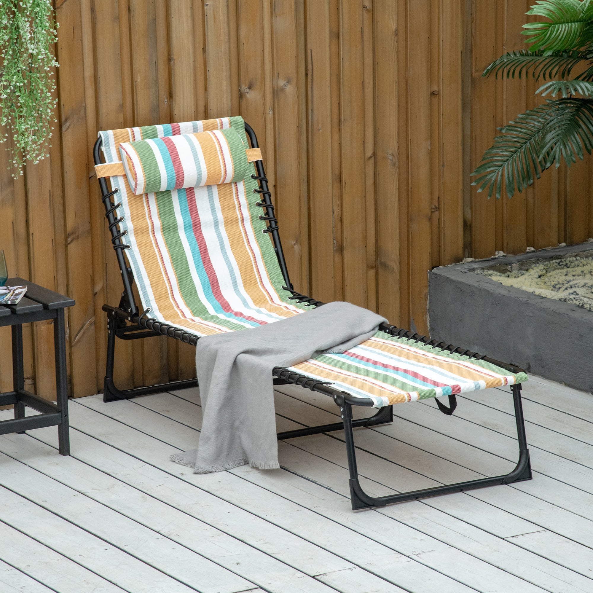 Folding Chaise Lounge Pool Chair with Pillow, 4-Position Reclining, Breathable Mesh, Rainbow Striped - Image 3