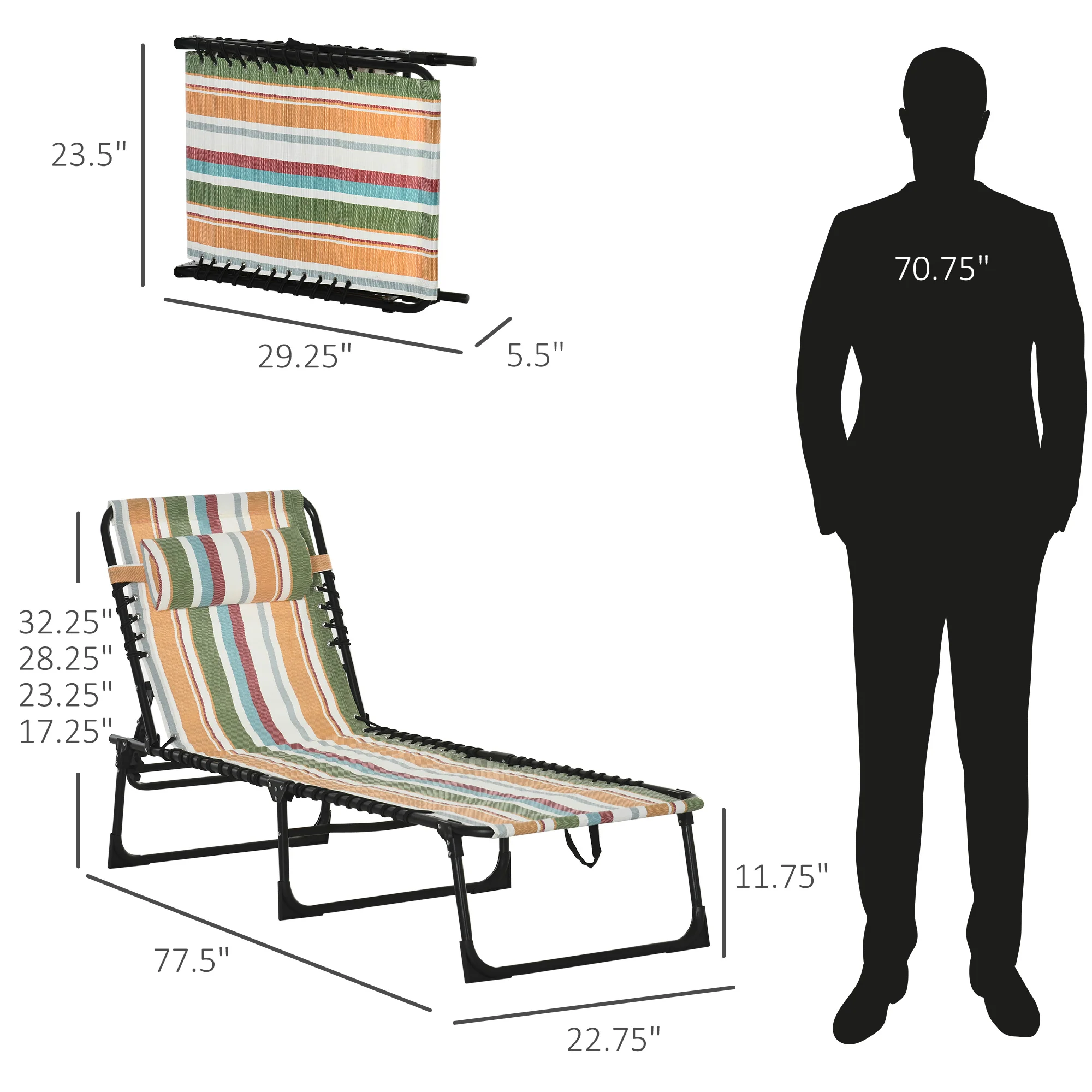 Folding Chaise Lounge Pool Chair with Pillow, 4-Position Reclining, Breathable Mesh, Rainbow Striped - Image 5