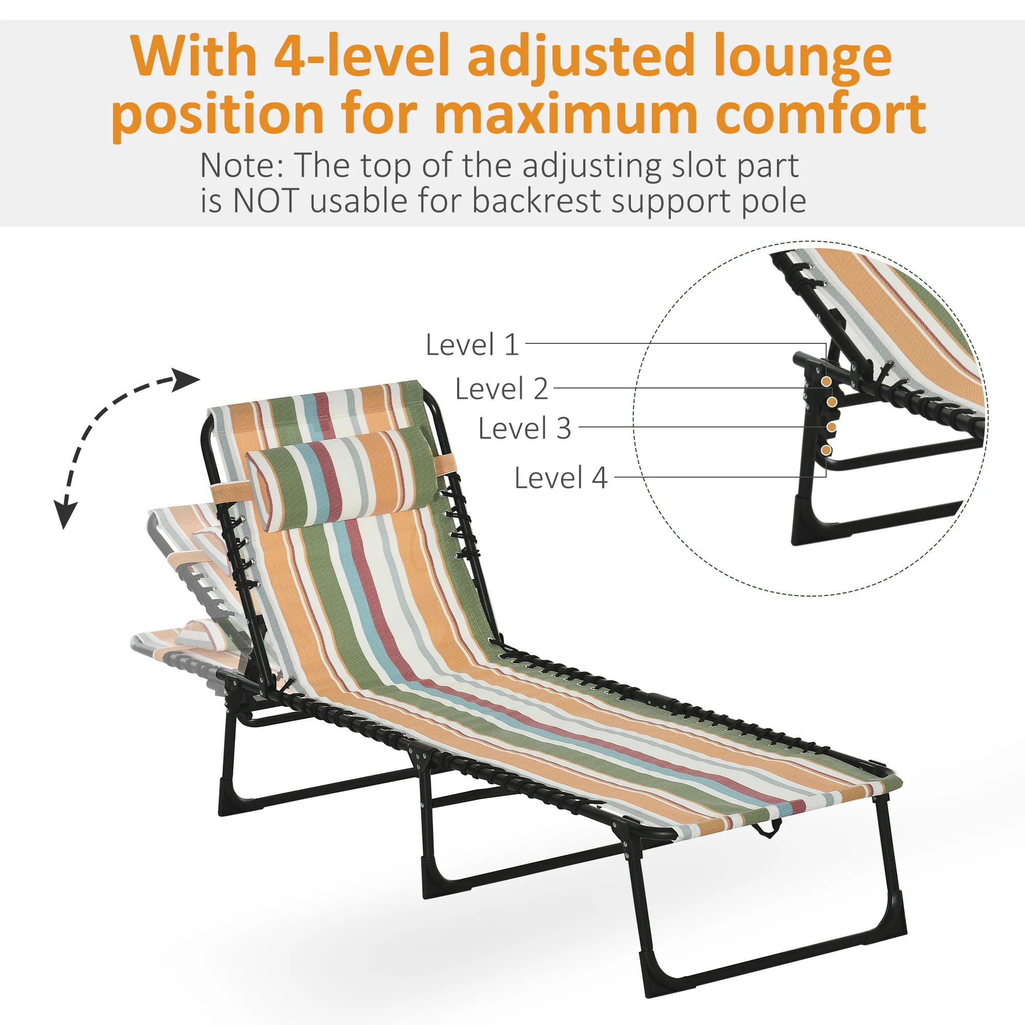 Folding Chaise Lounge Pool Chair with Pillow, 4-Position Reclining, Breathable Mesh, Rainbow Striped - Image 6