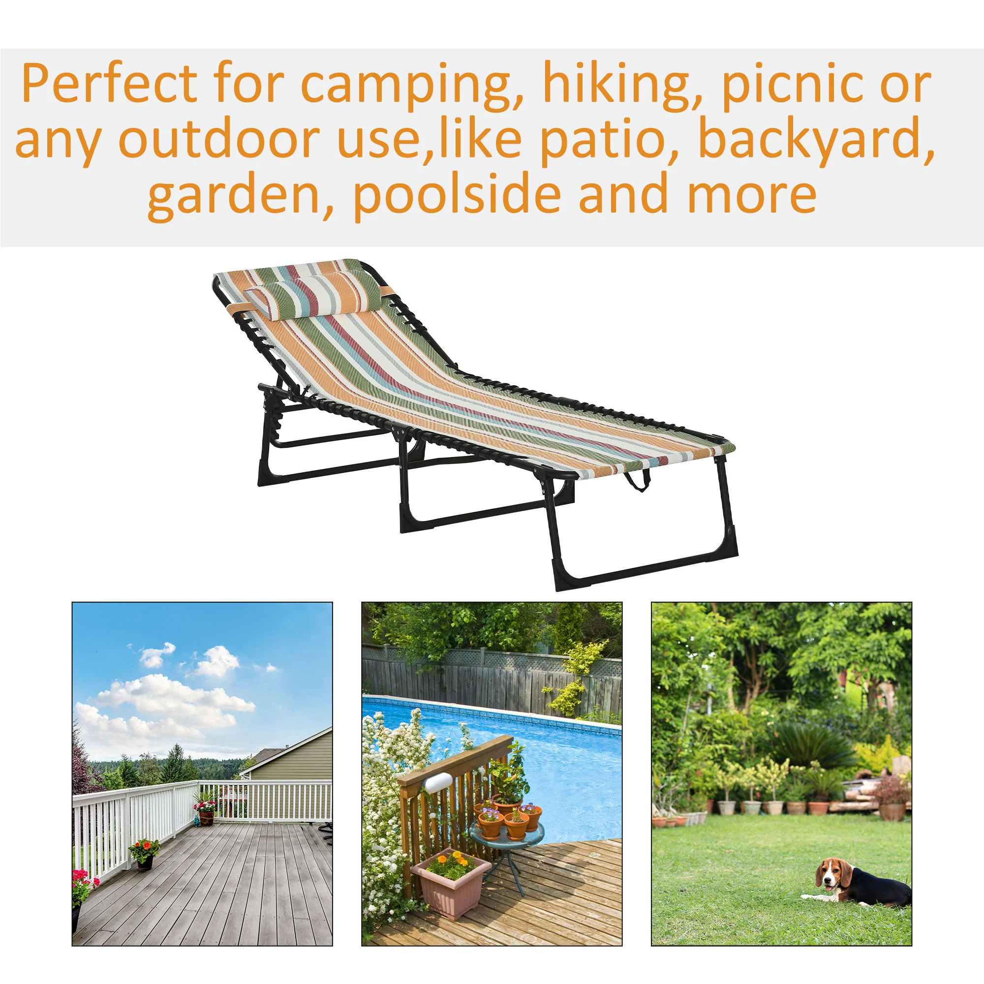 Folding Chaise Lounge Pool Chair with Pillow, 4-Position Reclining, Breathable Mesh, Rainbow Striped - Image 9