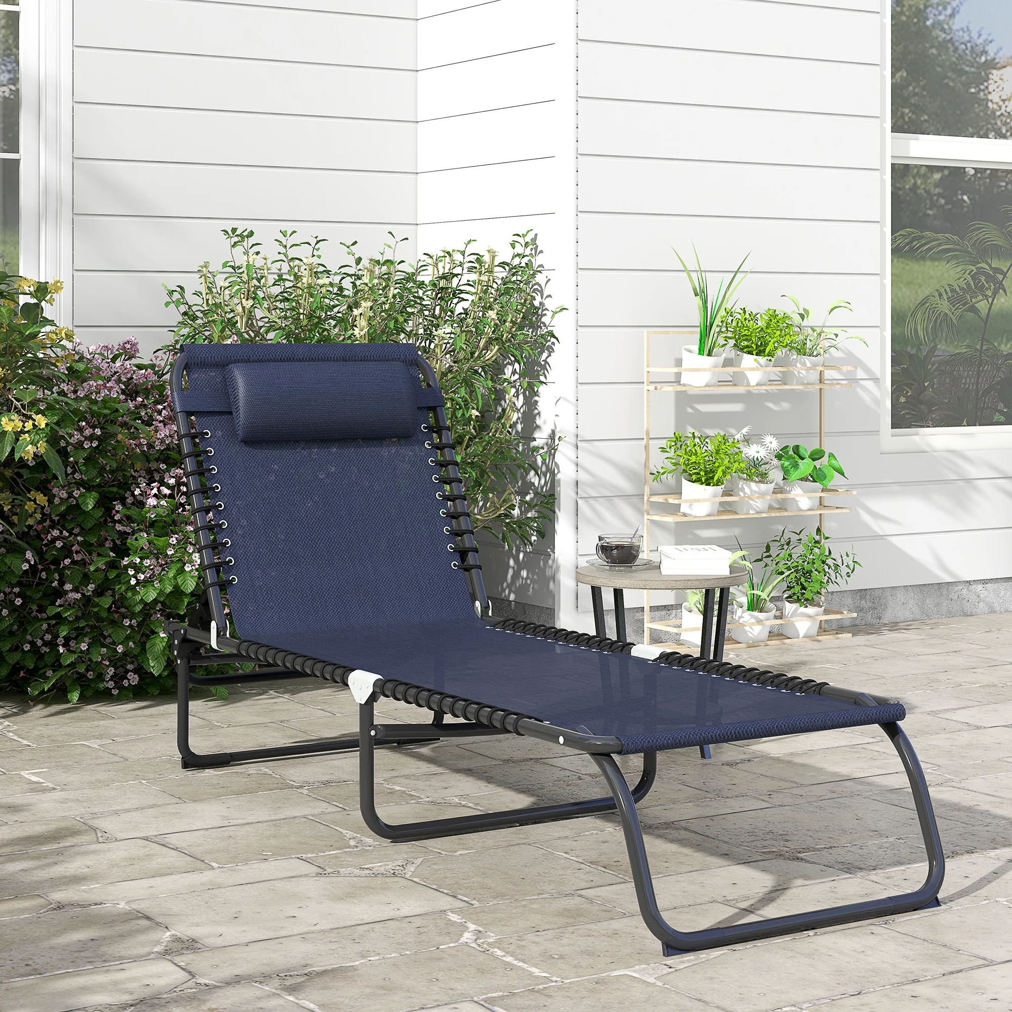 Folding Chaise Lounge Pool Chair with Pillow, 4-Position Reclining, Breathable Mesh, Dark Blue - Image 3