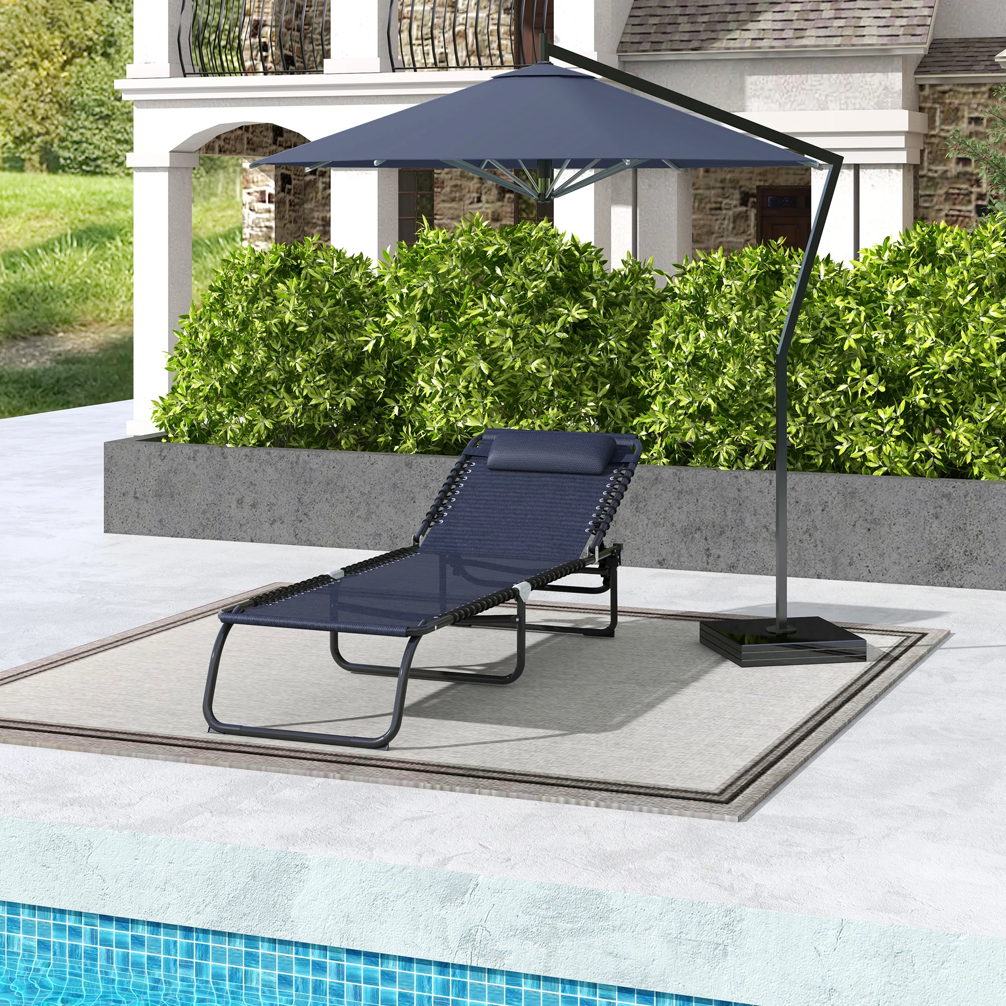 Folding Chaise Lounge Pool Chair with Pillow, 4-Position Reclining, Breathable Mesh, Dark Blue - Image 4