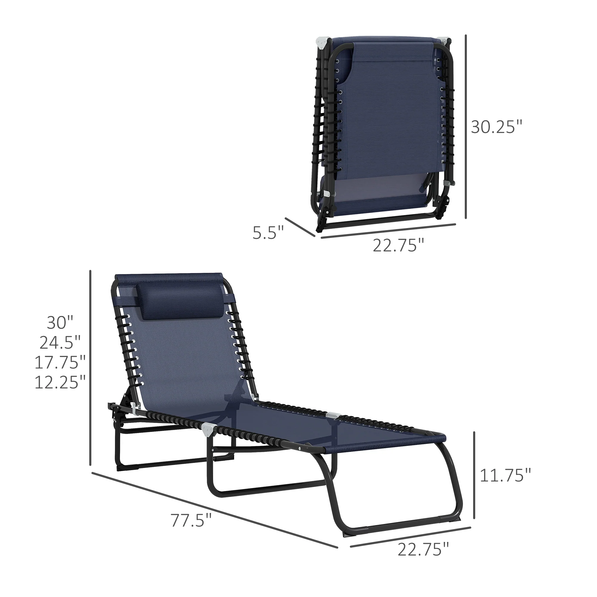 Folding Chaise Lounge Pool Chair with Pillow, 4-Position Reclining, Breathable Mesh, Dark Blue - Image 5