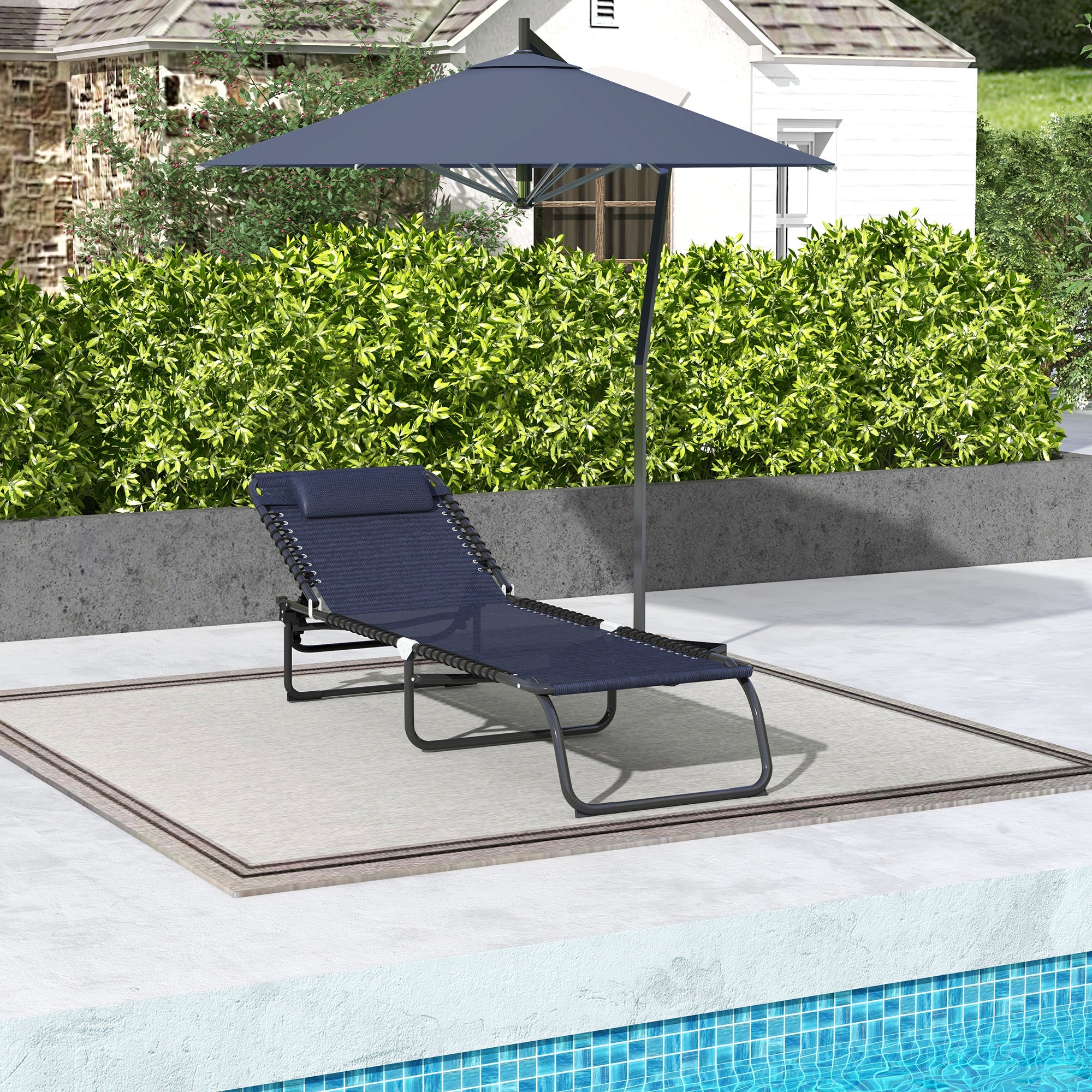 Folding Chaise Lounge Pool Chair with Pillow, 4-Position Reclining, Breathable Mesh, Dark Blue - Image 9