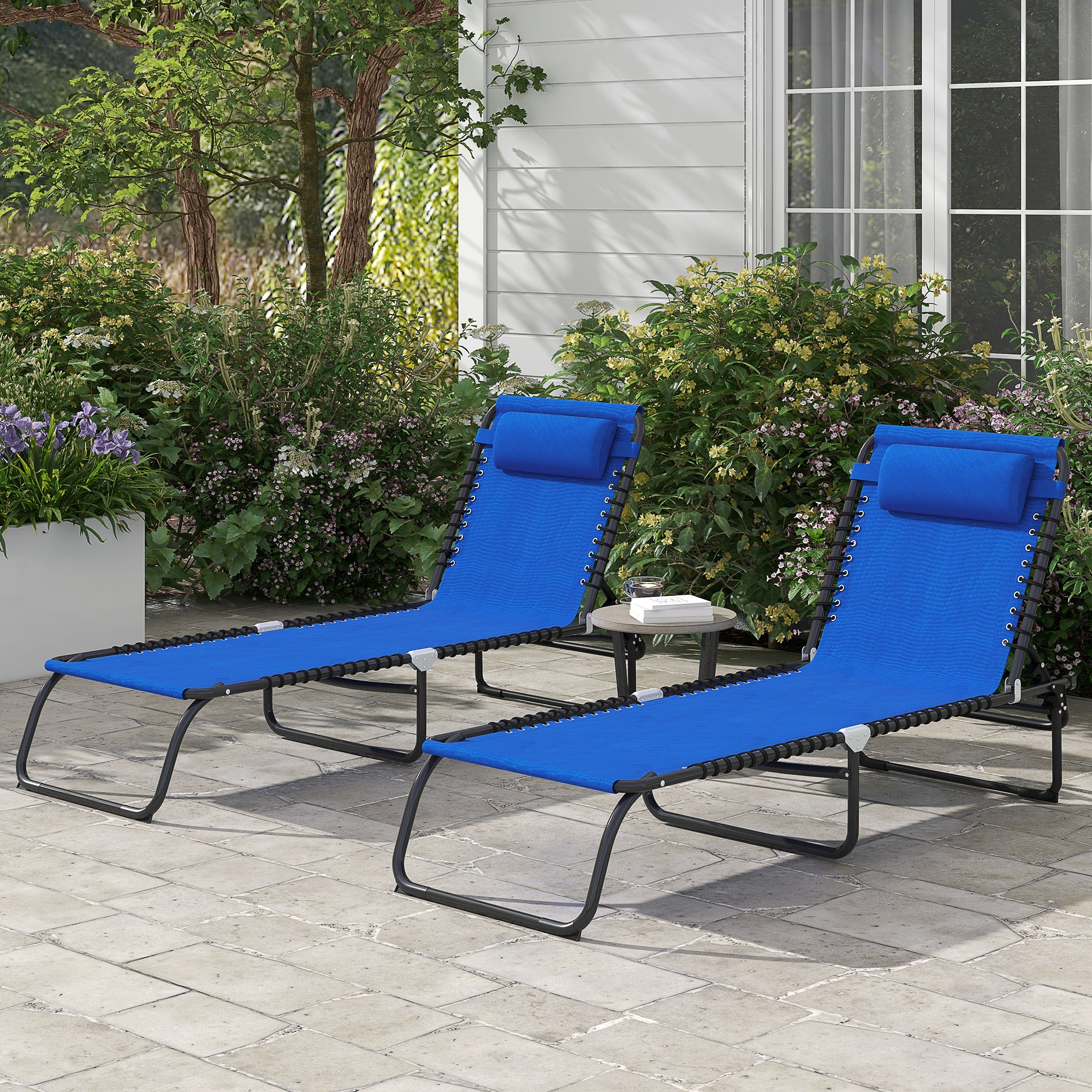 2-Pack Folding Chaise Lounge Pool Chairs, 4-Position Reclining, Bungee Seat with Pillow, Blue - Image 3