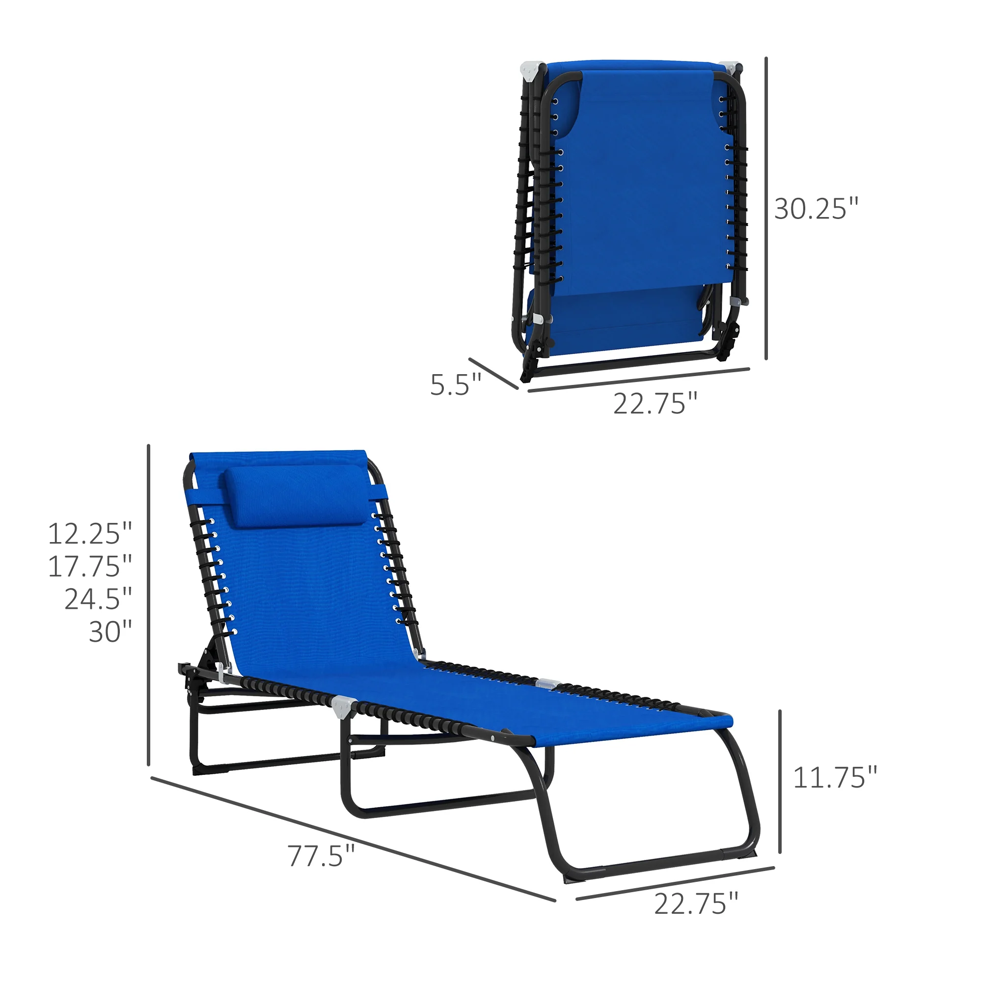 2-Pack Folding Chaise Lounge Pool Chairs, 4-Position Reclining, Bungee Seat with Pillow, Blue - Image 5