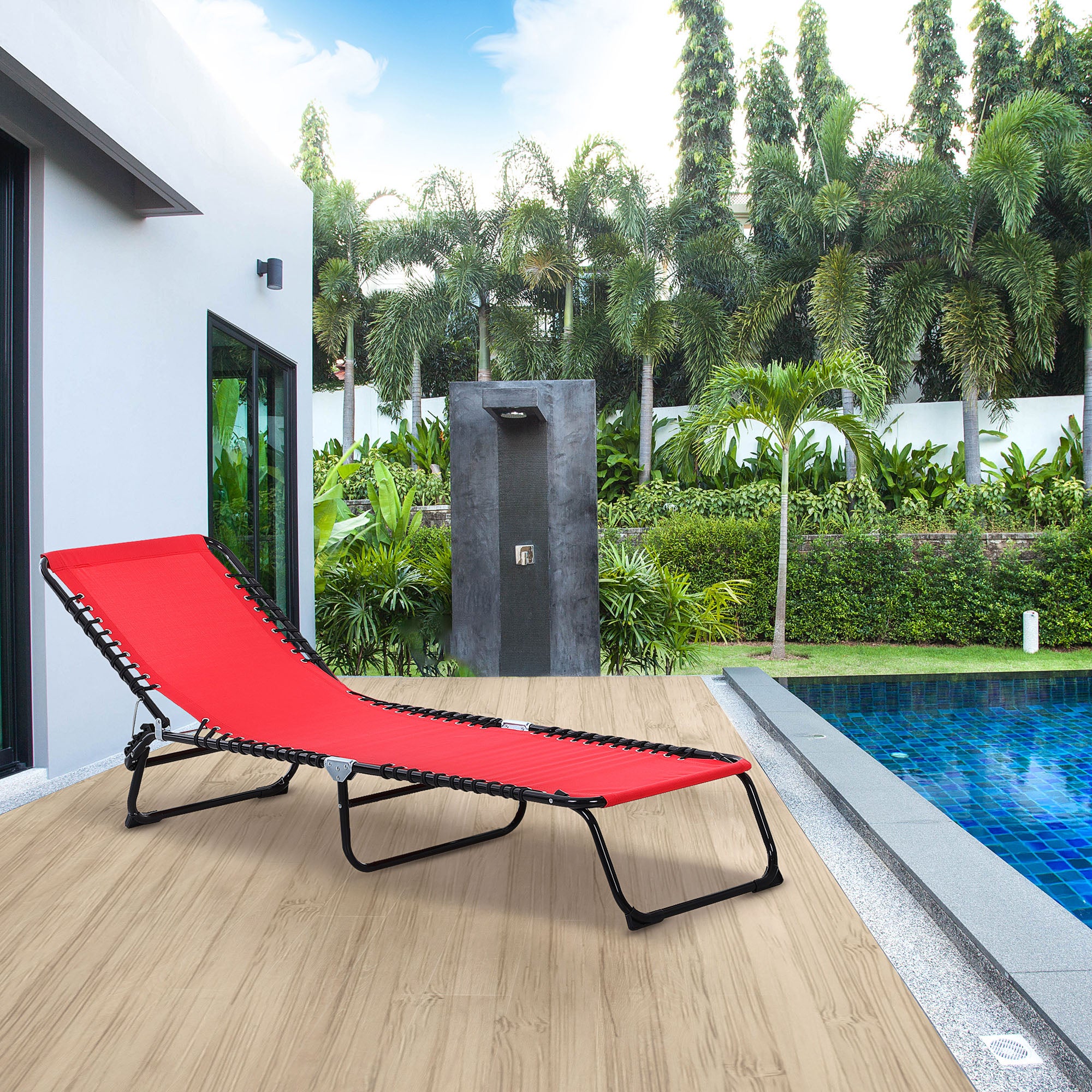 4-Position Reclining Folding Chaise Lounge with Breathable Mesh Bungee Seat & Pillow, Wine Red - Image 3