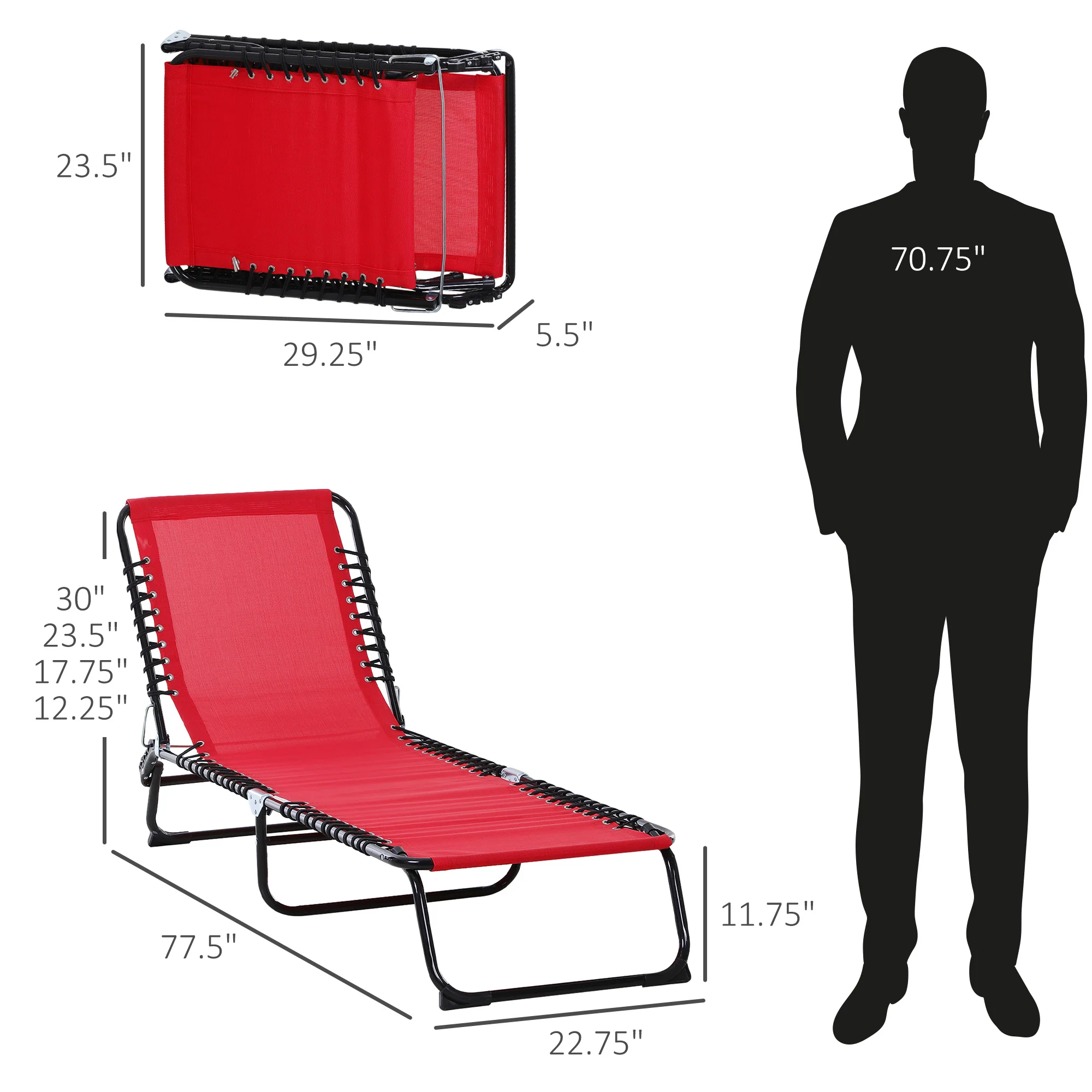 4-Position Reclining Folding Chaise Lounge with Breathable Mesh Bungee Seat & Pillow, Wine Red - Image 5