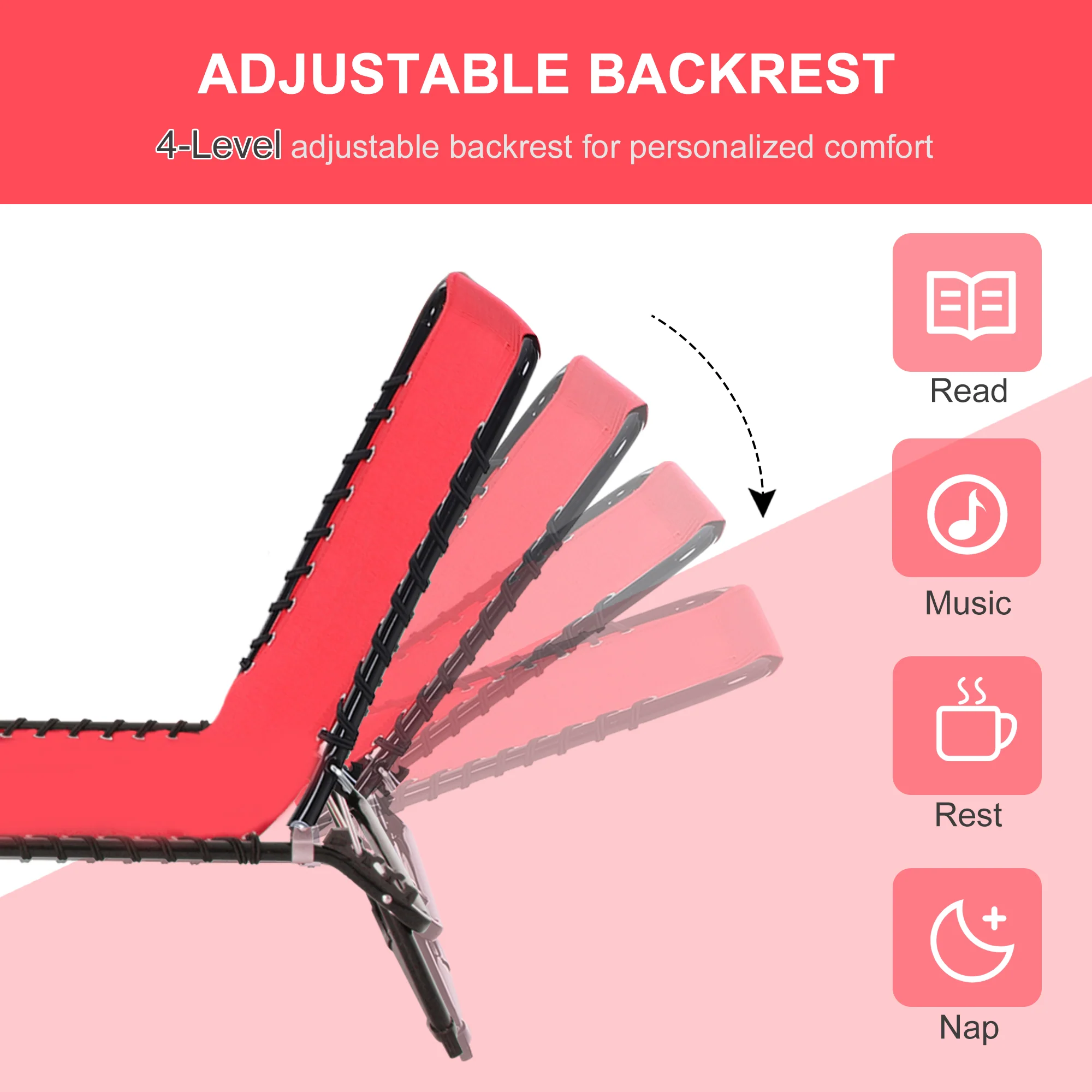 4-Position Reclining Folding Chaise Lounge with Breathable Mesh Bungee Seat & Pillow, Wine Red - Image 6