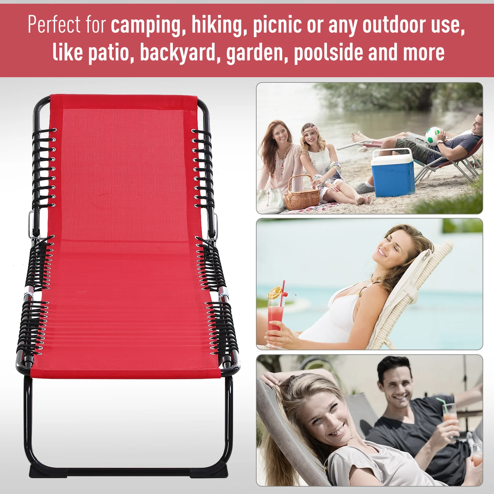 4-Position Reclining Folding Chaise Lounge with Breathable Mesh Bungee Seat & Pillow, Wine Red - Image 9