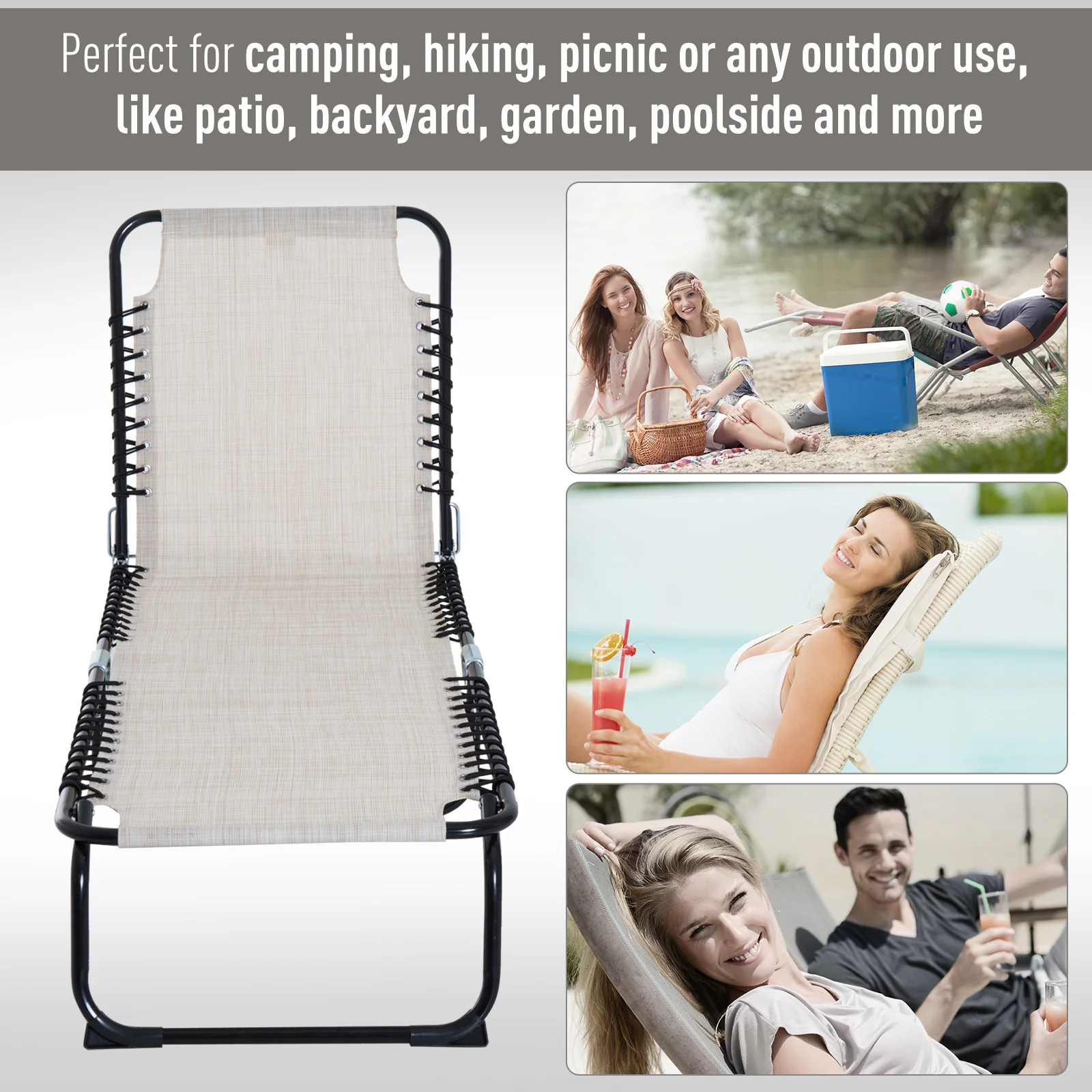 Folding Chaise Lounge Chair with 4-Position Recline, Breathable Mesh & Bungee Seat, Cream White - Image 8