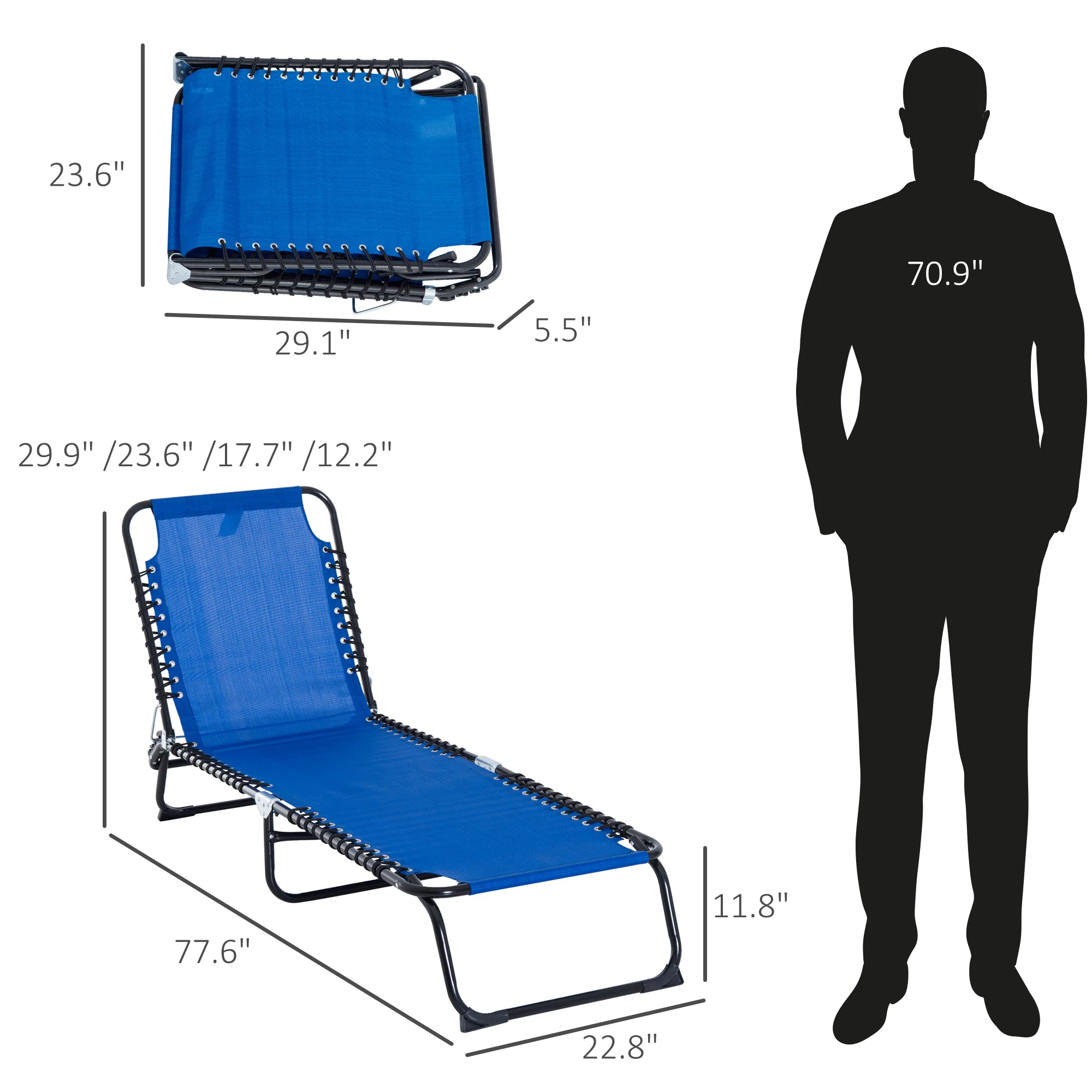 Folding Chaise Lounge Chair with 4-Position Recline, Breathable Mesh & Bungee Seat, Blue - Image 5