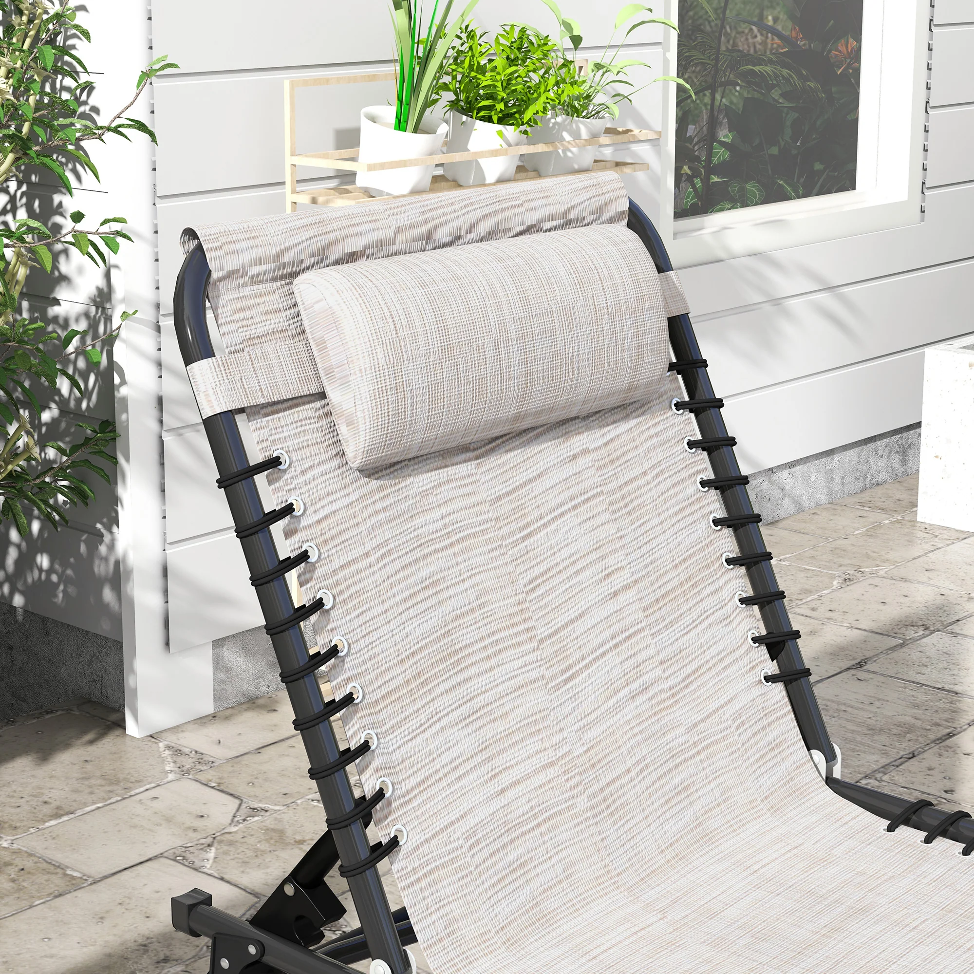 2-Pack Folding Chaise Lounge Pool Chairs, 4-Position Reclining, Bungee Seat with Pillow, Cream White - Image 10