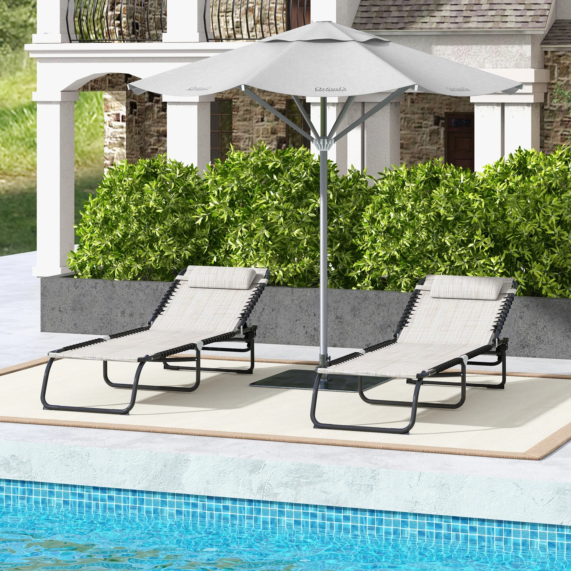 2-Pack Folding Chaise Lounge Pool Chairs, 4-Position Reclining, Bungee Seat with Pillow, Cream White - Image 4