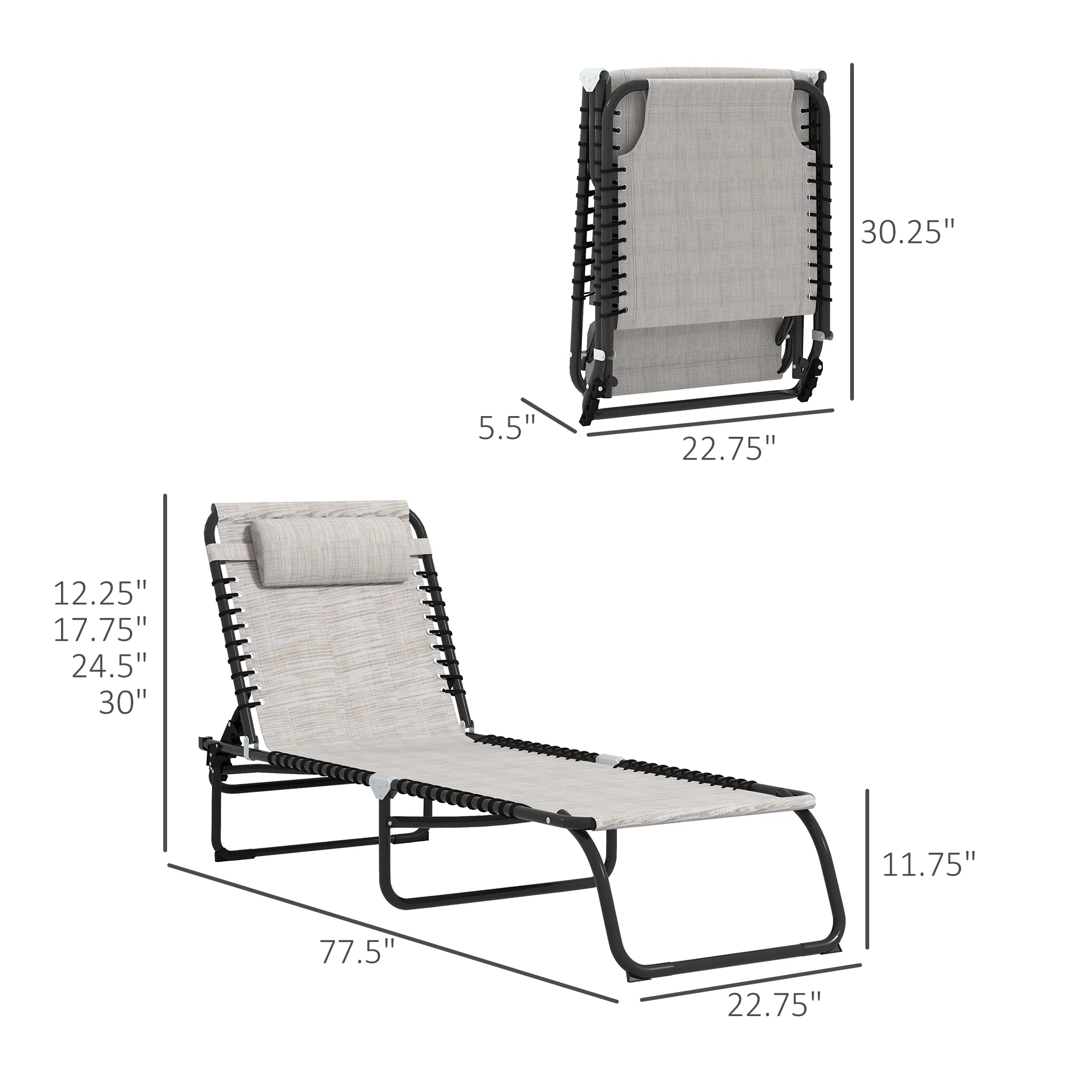 2-Pack Folding Chaise Lounge Pool Chairs, 4-Position Reclining, Bungee Seat with Pillow, Cream White - Image 5
