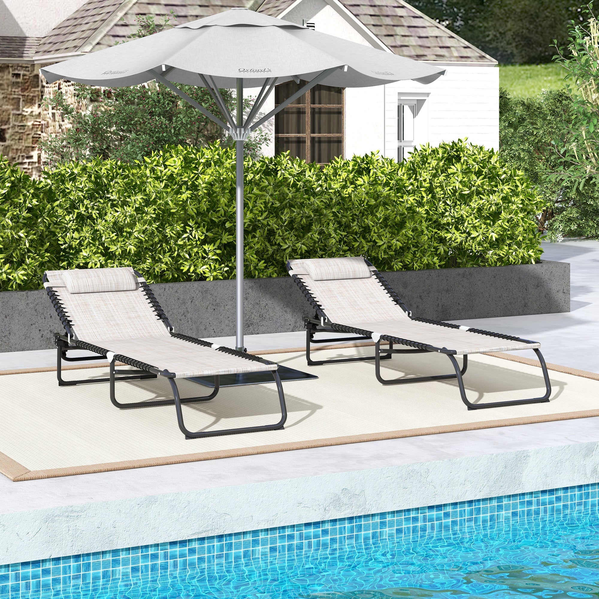 2-Pack Folding Chaise Lounge Pool Chairs, 4-Position Reclining, Bungee Seat with Pillow, Cream White - Image 9