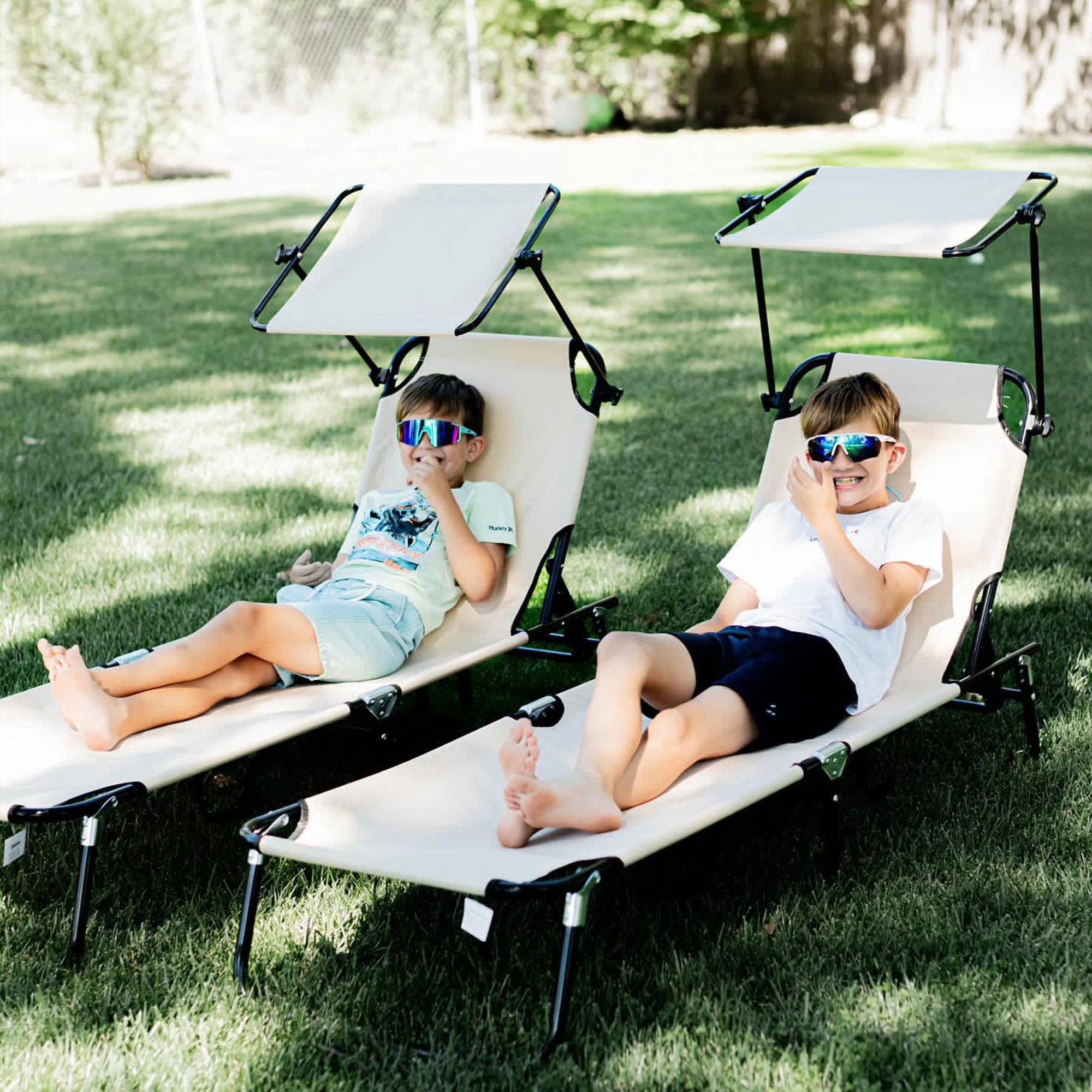 2-Pack Foldable Chaise Lounge Chairs with Canopy, Reclining Backrest & Side Pockets, Tan - Image 10