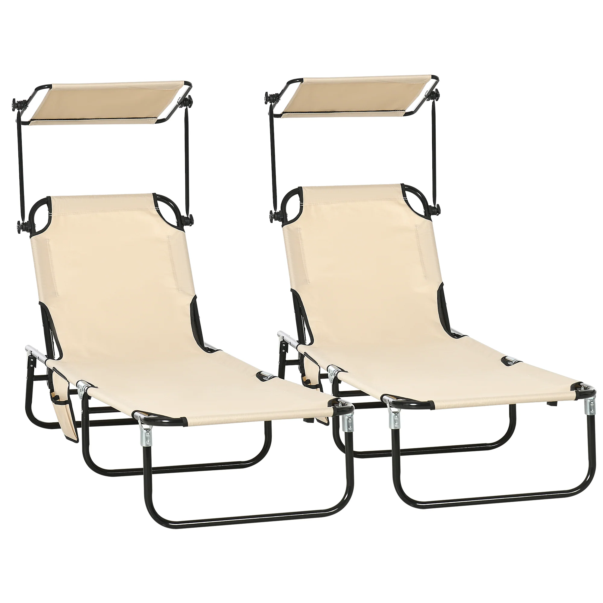 2-Pack Foldable Chaise Lounge Chairs with Canopy, Reclining Backrest & Side Pockets, Tan - Image 12