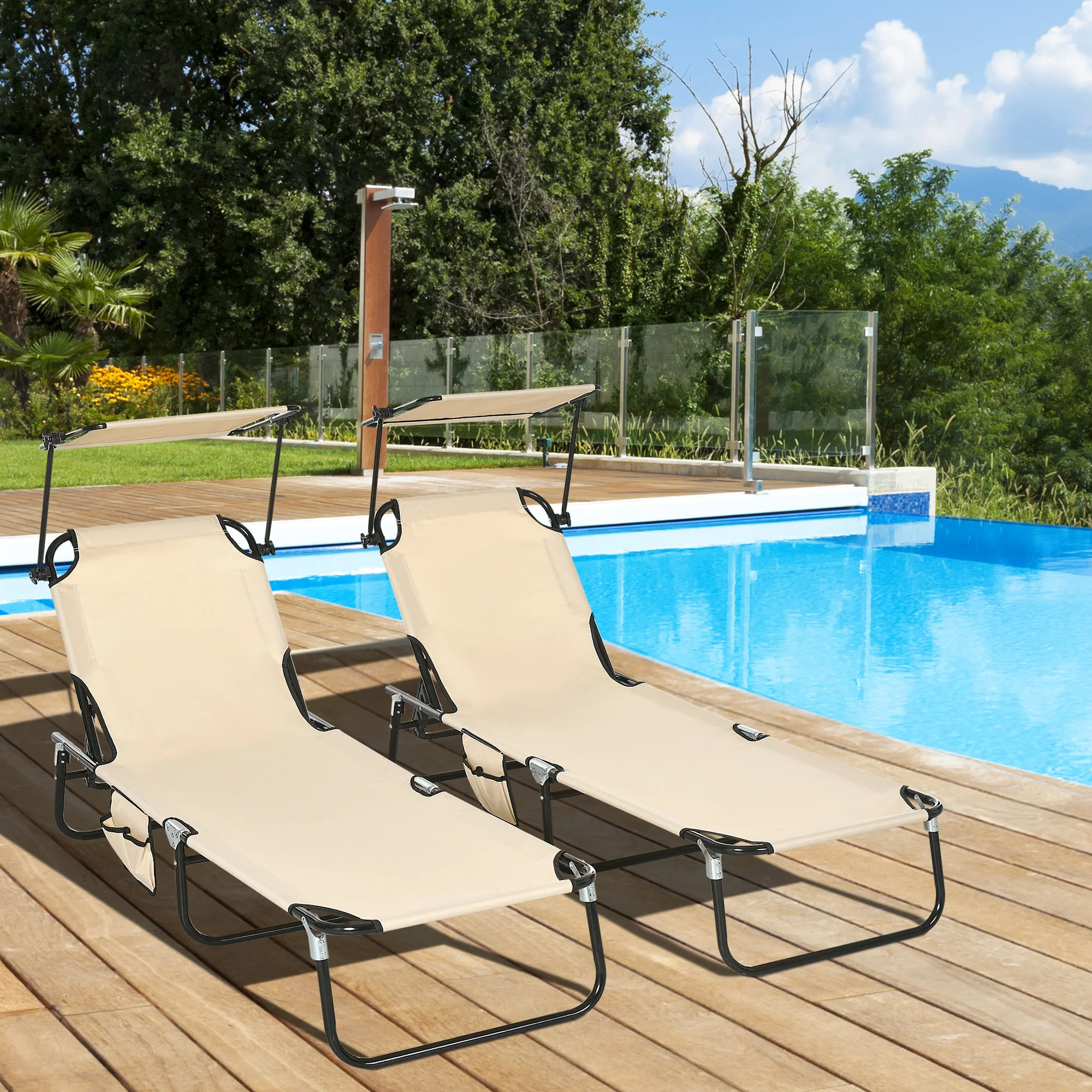 2-Pack Foldable Chaise Lounge Chairs with Canopy, Reclining Backrest & Side Pockets, Tan - Image 4