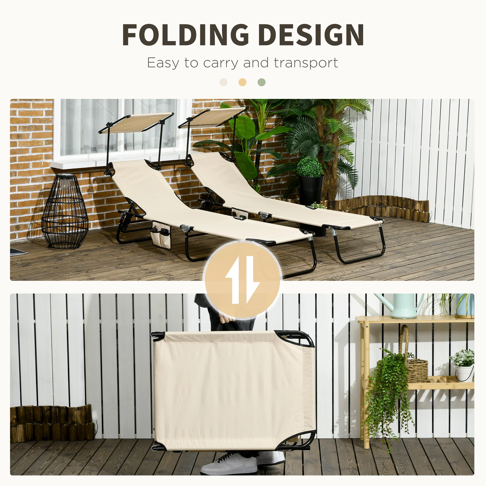 2-Pack Foldable Chaise Lounge Chairs with Canopy, Reclining Backrest & Side Pockets, Tan - Image 8
