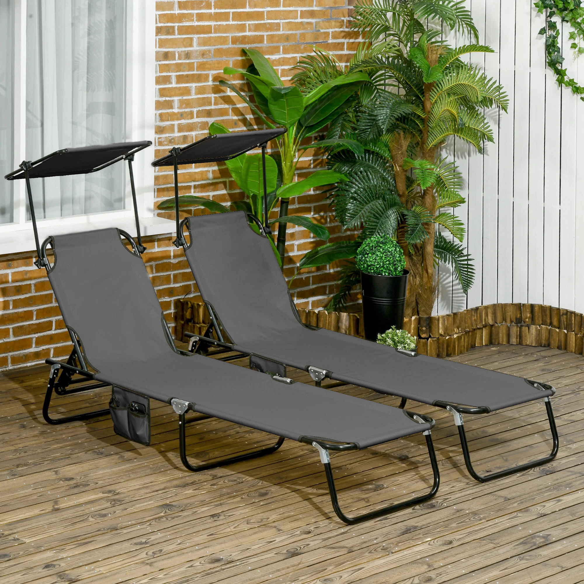 2-Pack Foldable Chaise Lounge Chairs with Canopy, Reclining Backrest & Side Pockets, Dark Gray - Image 3
