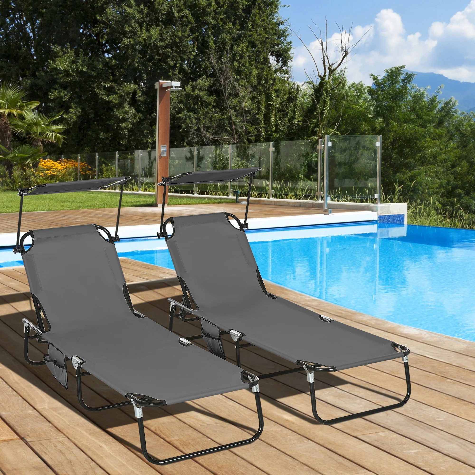 2-Pack Foldable Chaise Lounge Chairs with Canopy, Reclining Backrest & Side Pockets, Dark Gray - Image 4