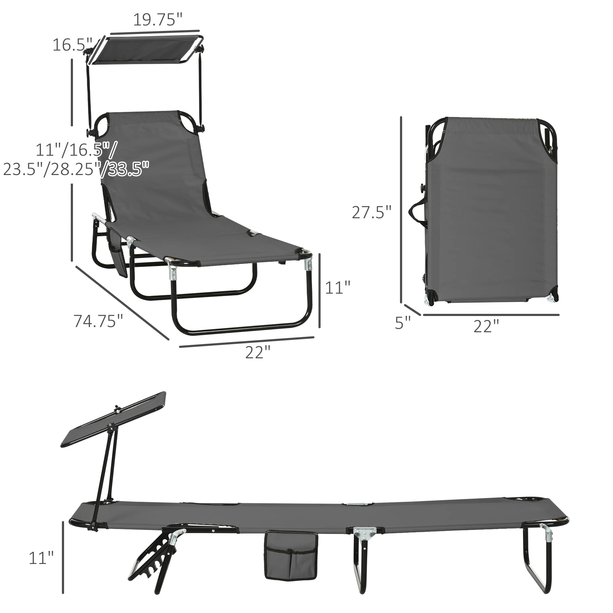 2-Pack Foldable Chaise Lounge Chairs with Canopy, Reclining Backrest & Side Pockets, Dark Gray - Image 5