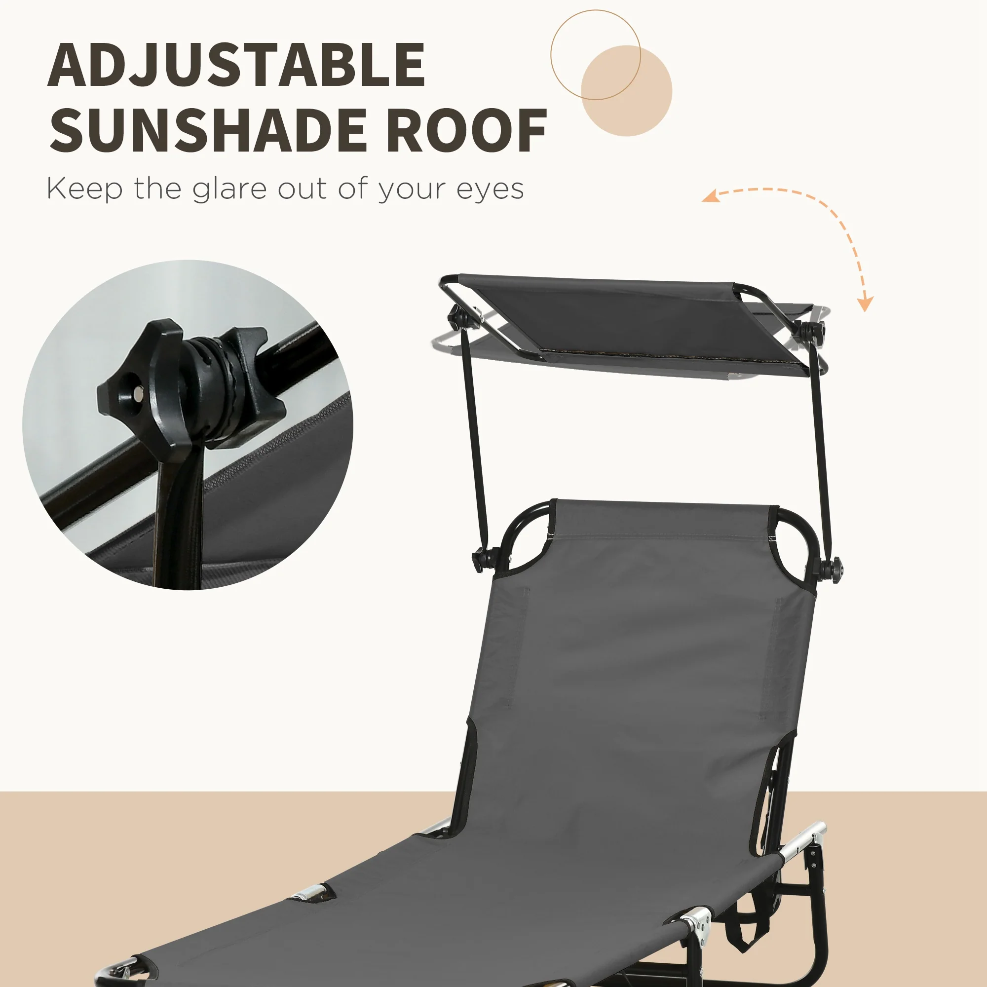 2-Pack Foldable Chaise Lounge Chairs with Canopy, Reclining Backrest & Side Pockets, Dark Gray - Image 7