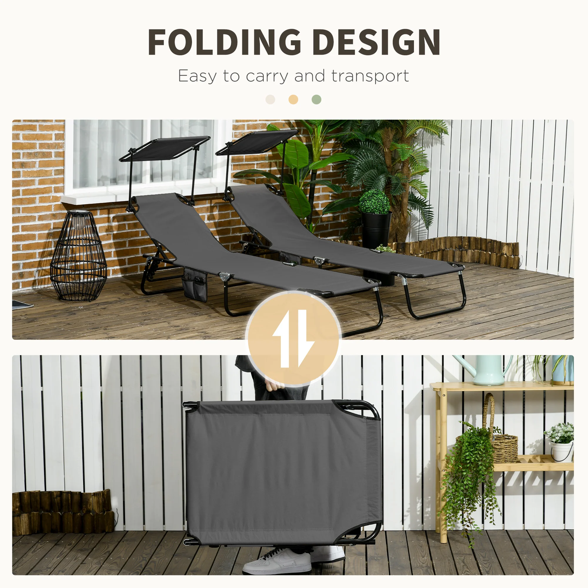 2-Pack Foldable Chaise Lounge Chairs with Canopy, Reclining Backrest & Side Pockets, Dark Gray - Image 8
