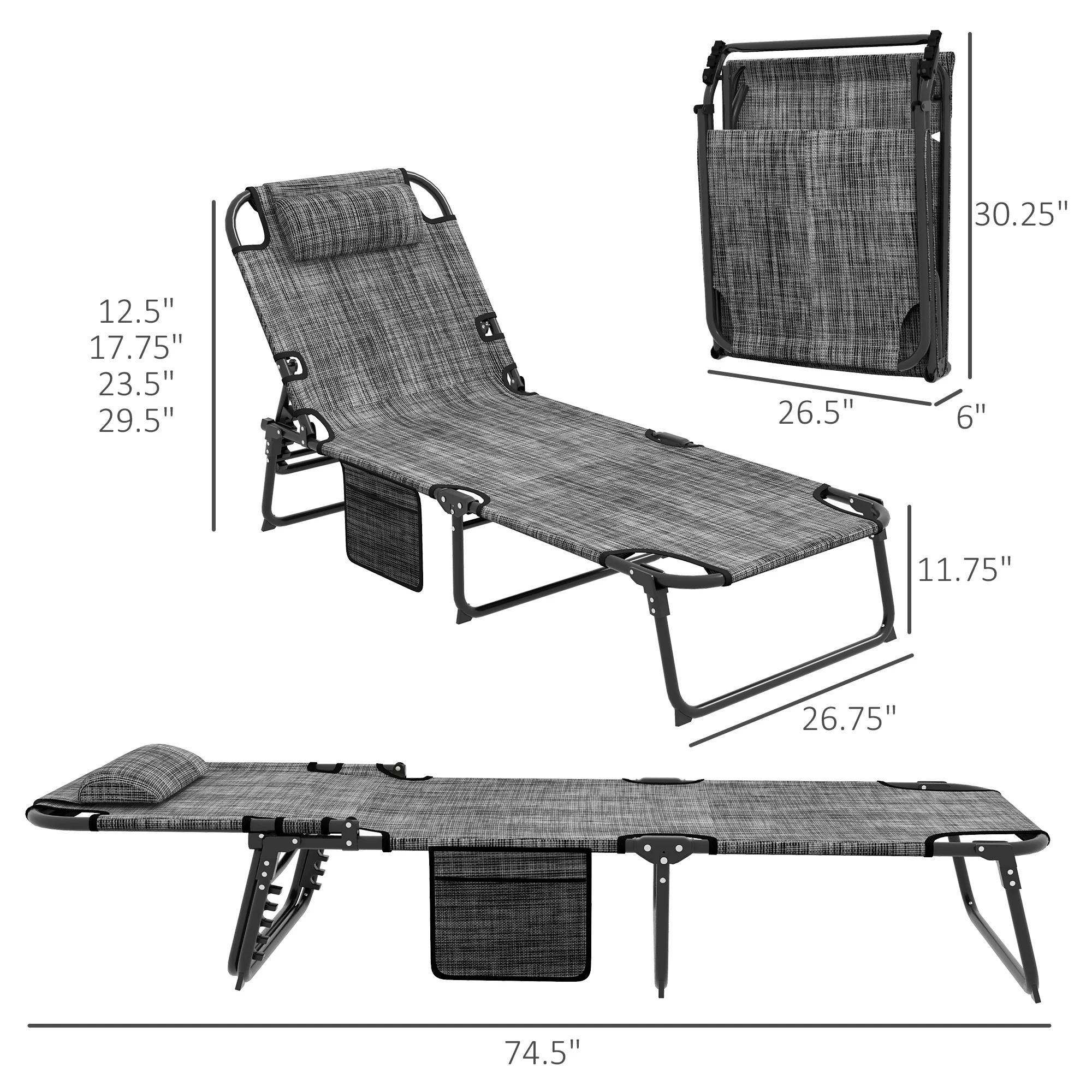 Folding Chaise Lounge Pool Chair, 4-level Reclining Back, Cushion, Side Pocket, Headrest, Gray - Image 5