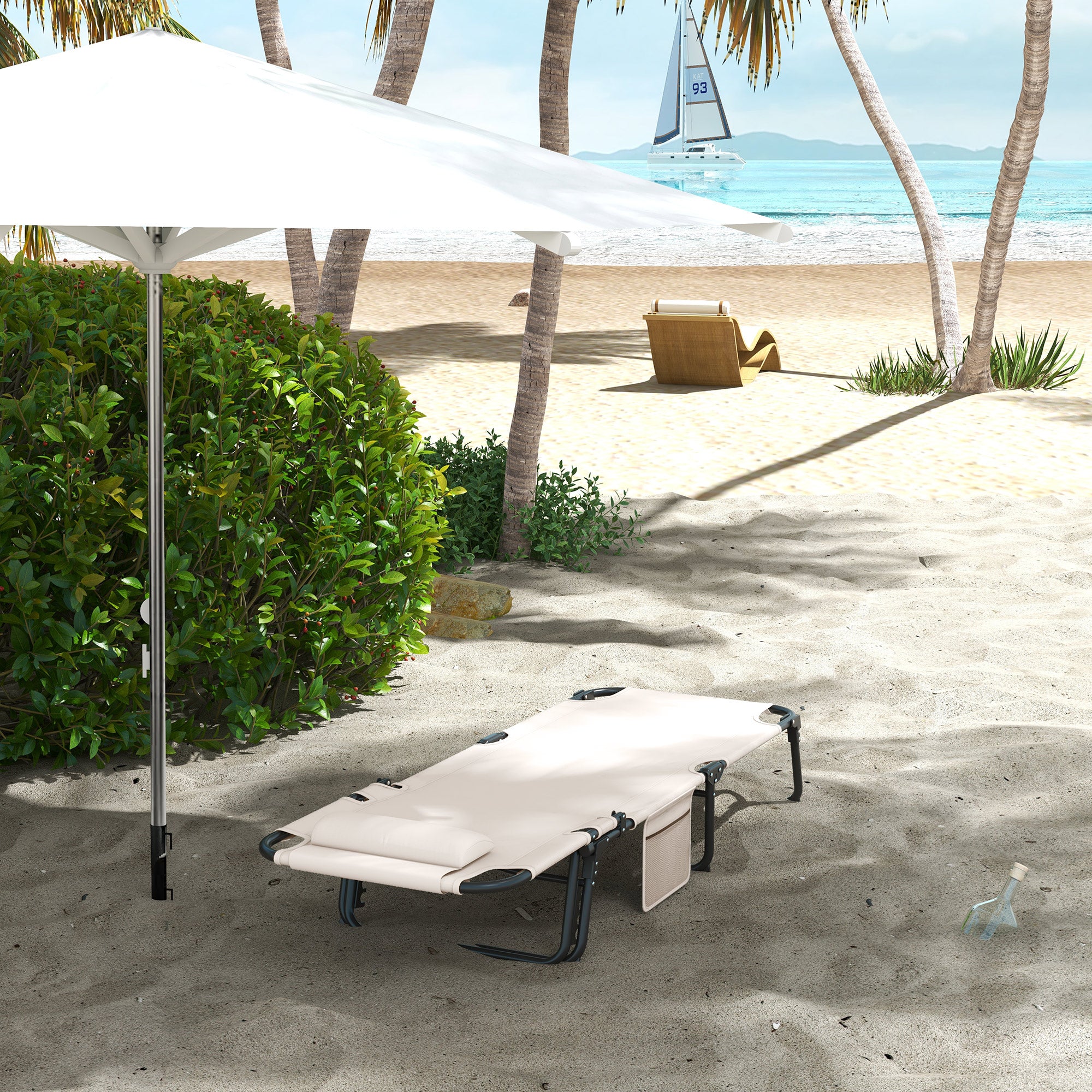 Folding Chaise Lounge Pool Chair, 4-level Reclining Back, Cushion, Side Pocket, Headrest, Beige - Image 10