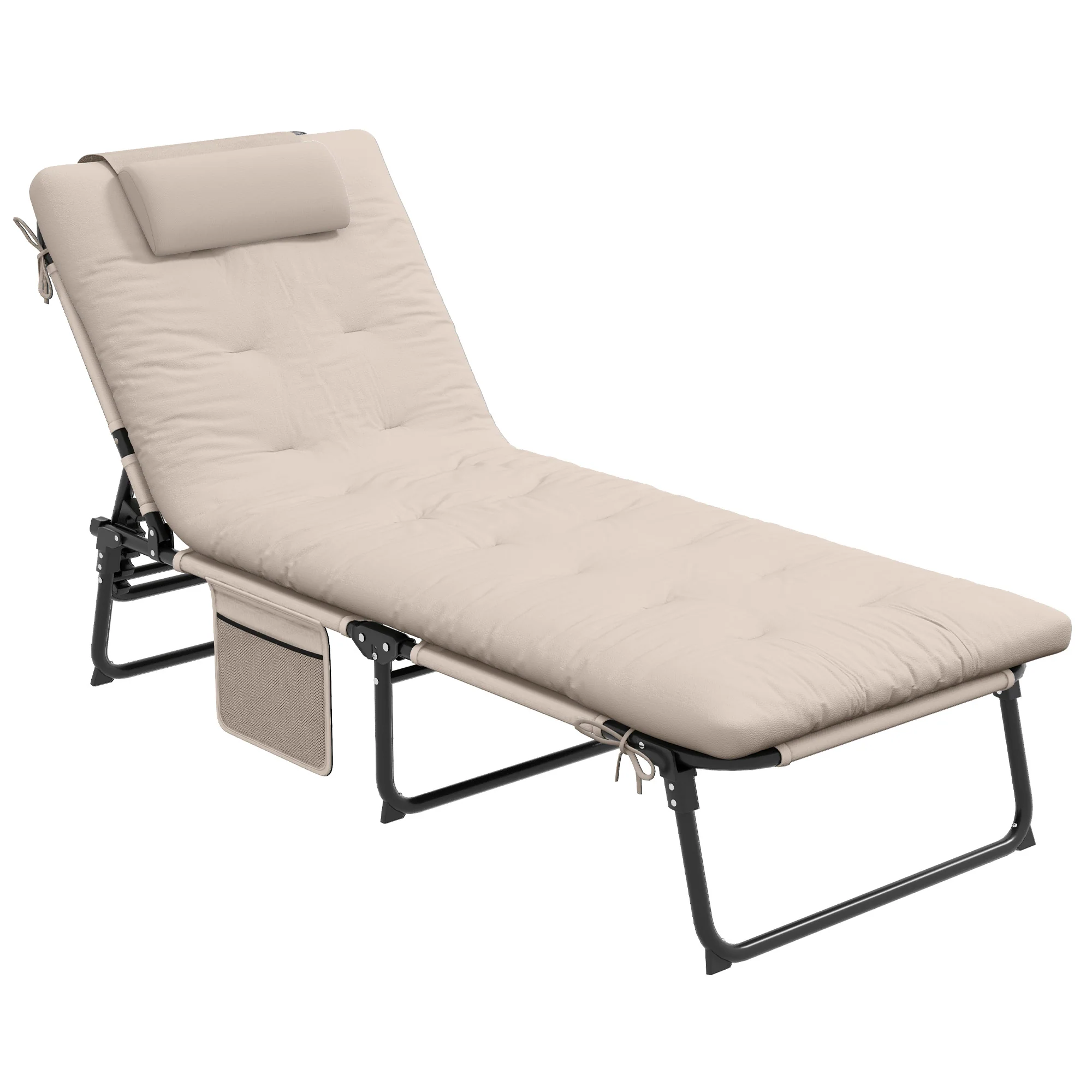 Folding Chaise Lounge Pool Chair, 4-level Reclining Back, Cushion, Side Pocket, Headrest, Beige - Image 12