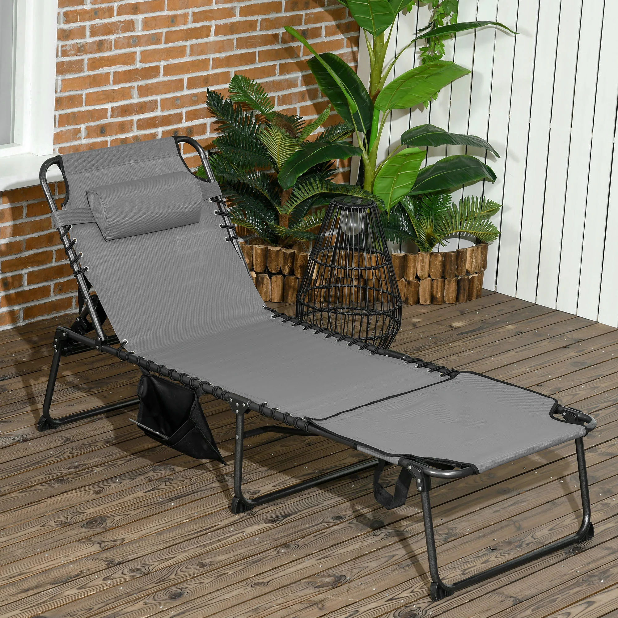 Adjustable Folding Chaise Lounge Chair with 5-Level Recline, Headrest & Side Pocket, Gray - Image 3