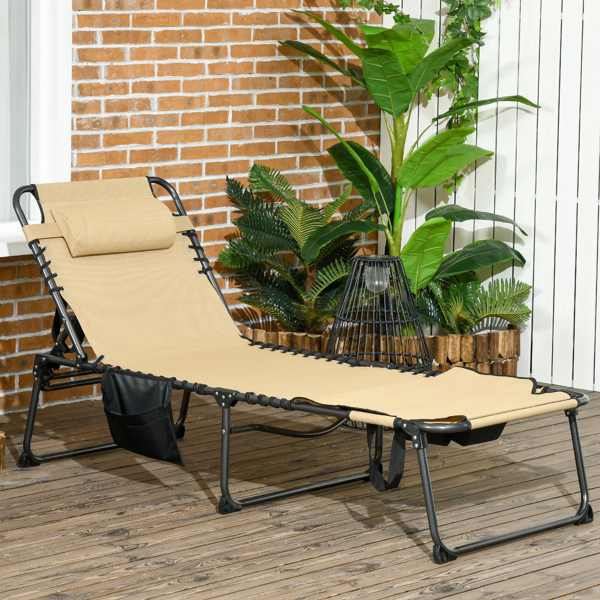 Adjustable Folding Chaise Lounge Chair with 5-Level Recline, Headrest & Side Pocket,, Beige - Image 3