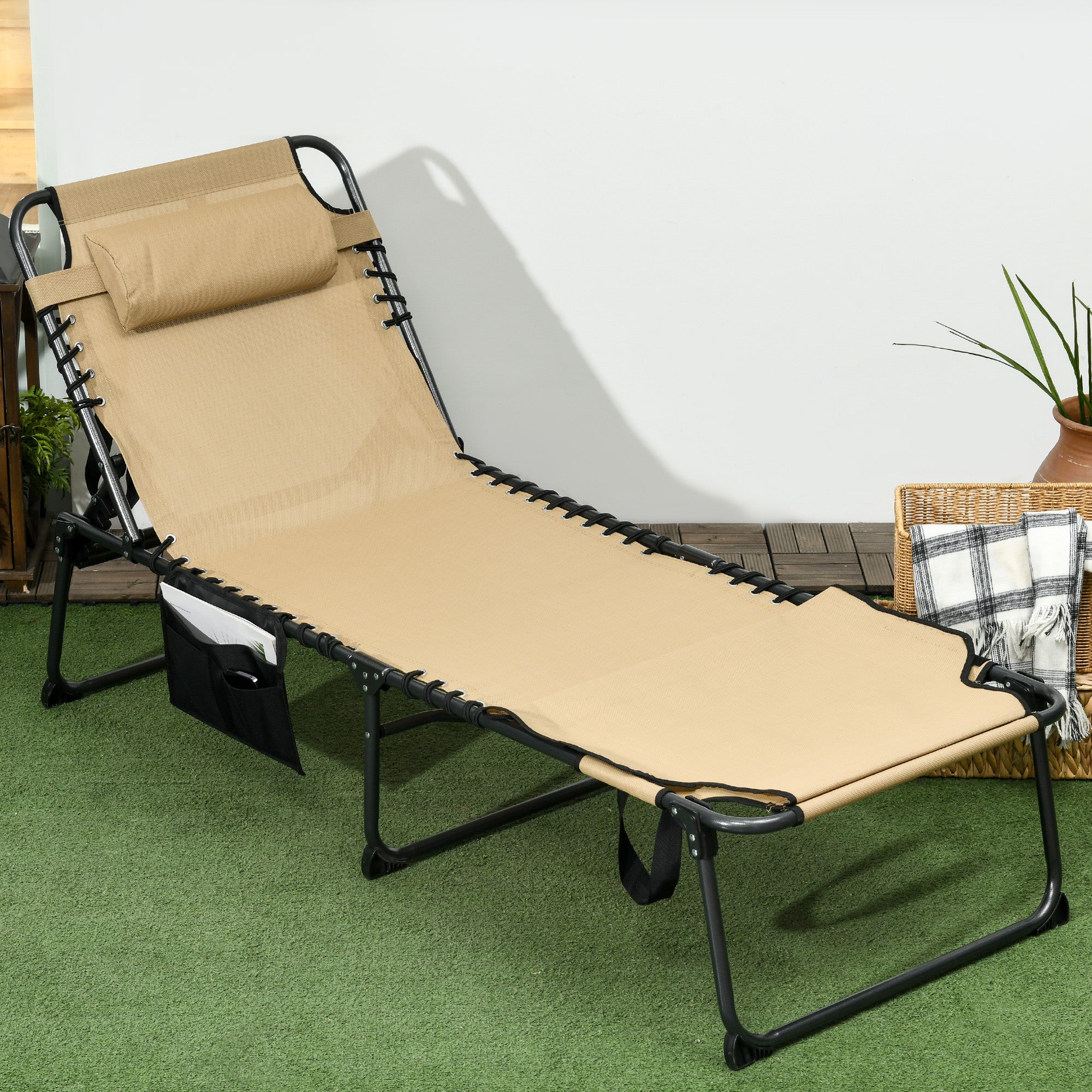 Adjustable Folding Chaise Lounge Chair with 5-Level Recline, Headrest & Side Pocket,, Beige - Image 4