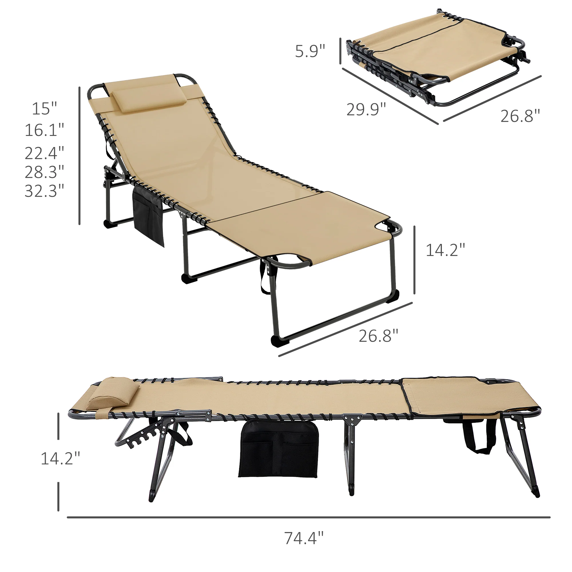 Adjustable Folding Chaise Lounge Chair with 5-Level Recline, Headrest & Side Pocket,, Beige - Image 5