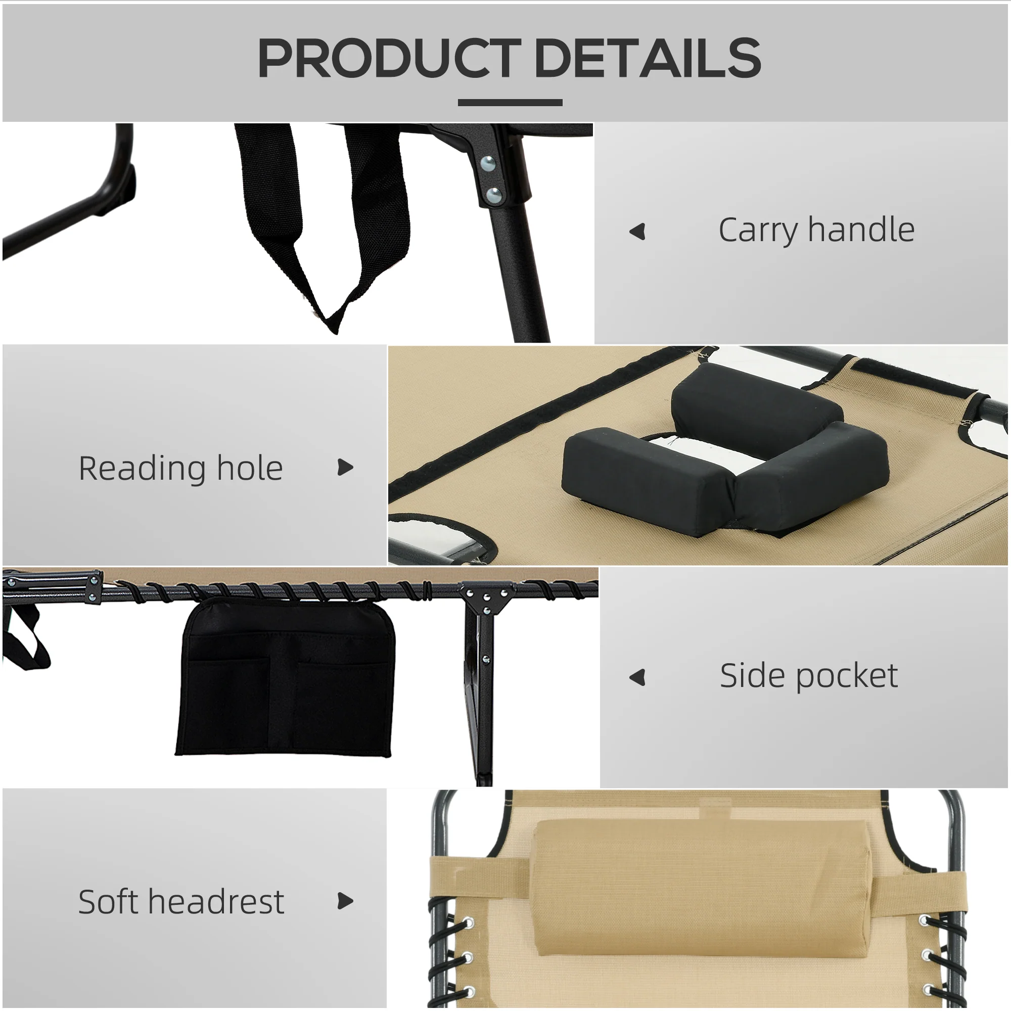 Adjustable Folding Chaise Lounge Chair with 5-Level Recline, Headrest & Side Pocket,, Beige - Image 7