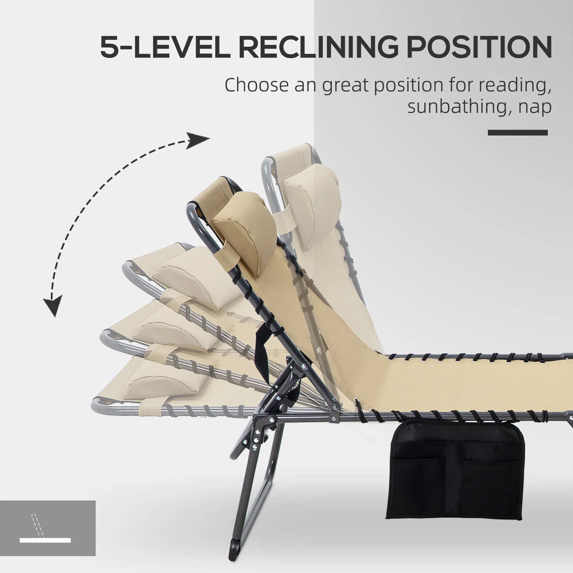 Adjustable Folding Chaise Lounge Chair with 5-Level Recline, Headrest & Side Pocket,, Beige - Image 8