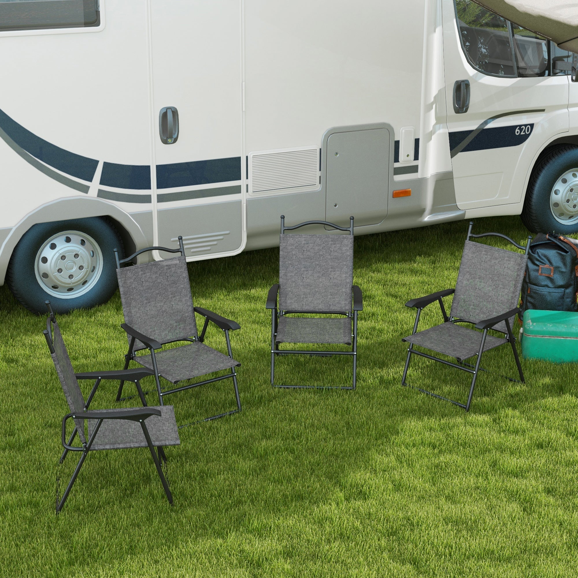 4-Piece Folding Chairs with Armrests & Mesh Seat for Patio, Camping, Lawn, Gray - Image 3