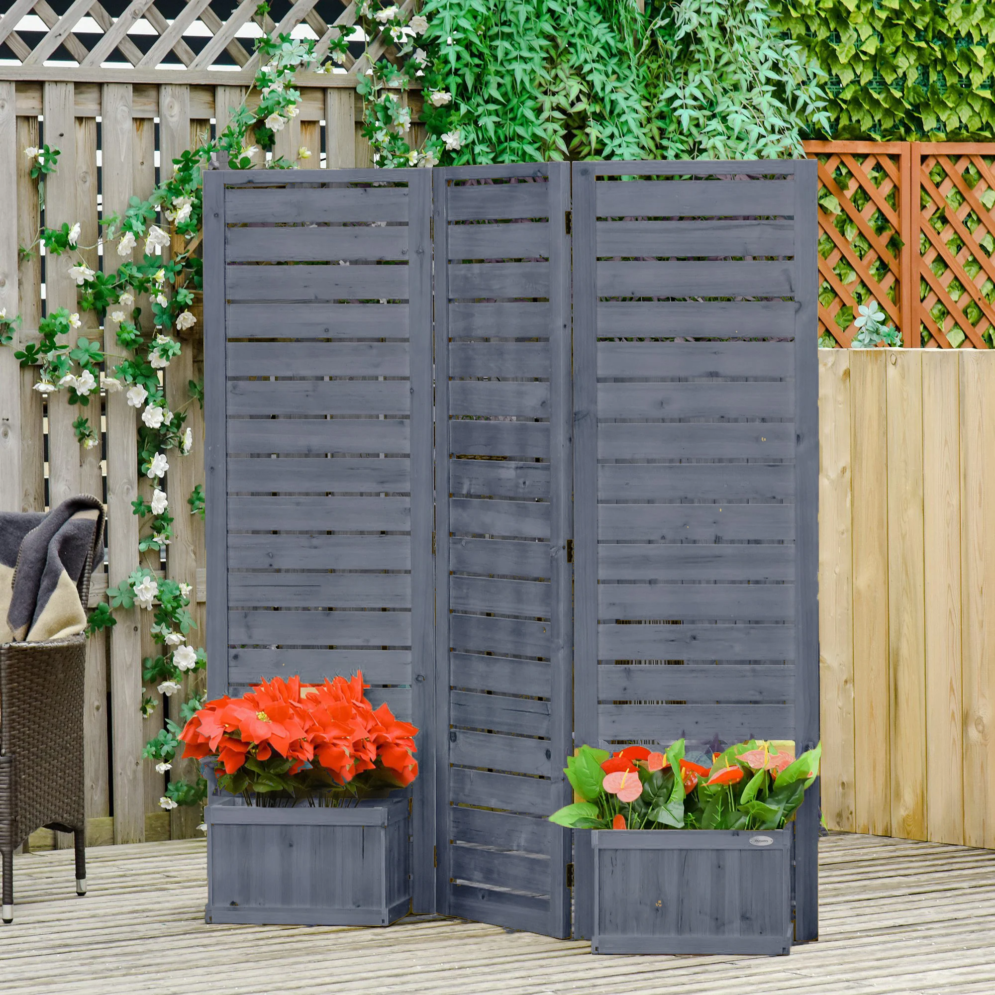 3-Panel Wood Privacy Screen with 4 Planter Boxes & Drainage Holes, Natural Brown - Image 3