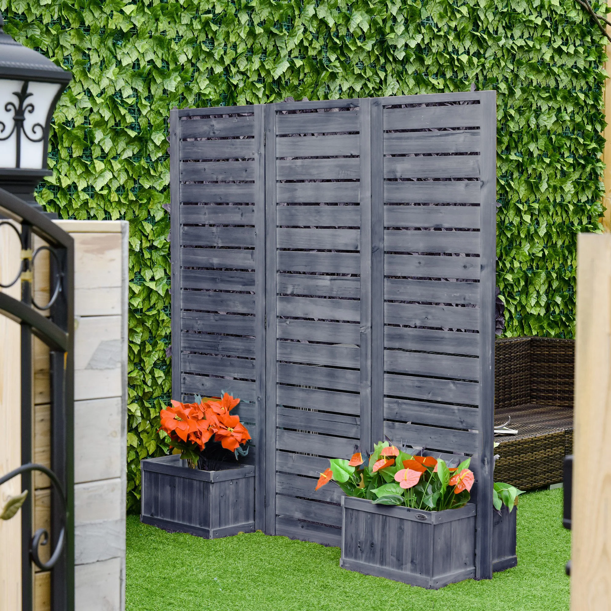 3-Panel Wood Privacy Screen with 4 Planter Boxes & Drainage Holes, Natural Brown - Image 4