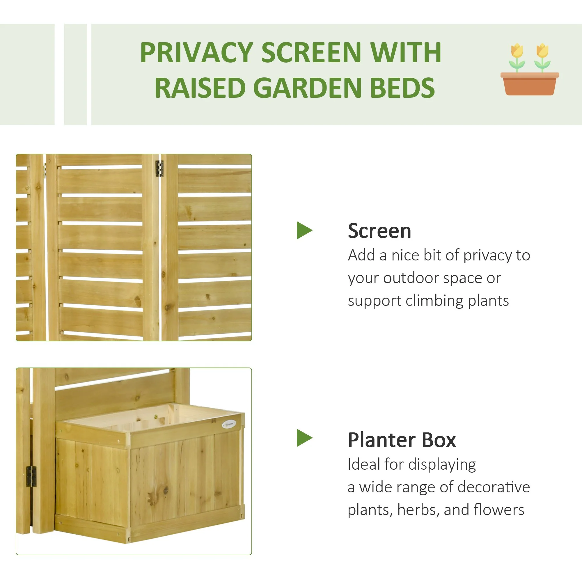 62.5"x19"x66" Wood Privacy Screen with 4 Planters, 3-Panel Raised Bed & Drainage Holes, Natural - Image 6