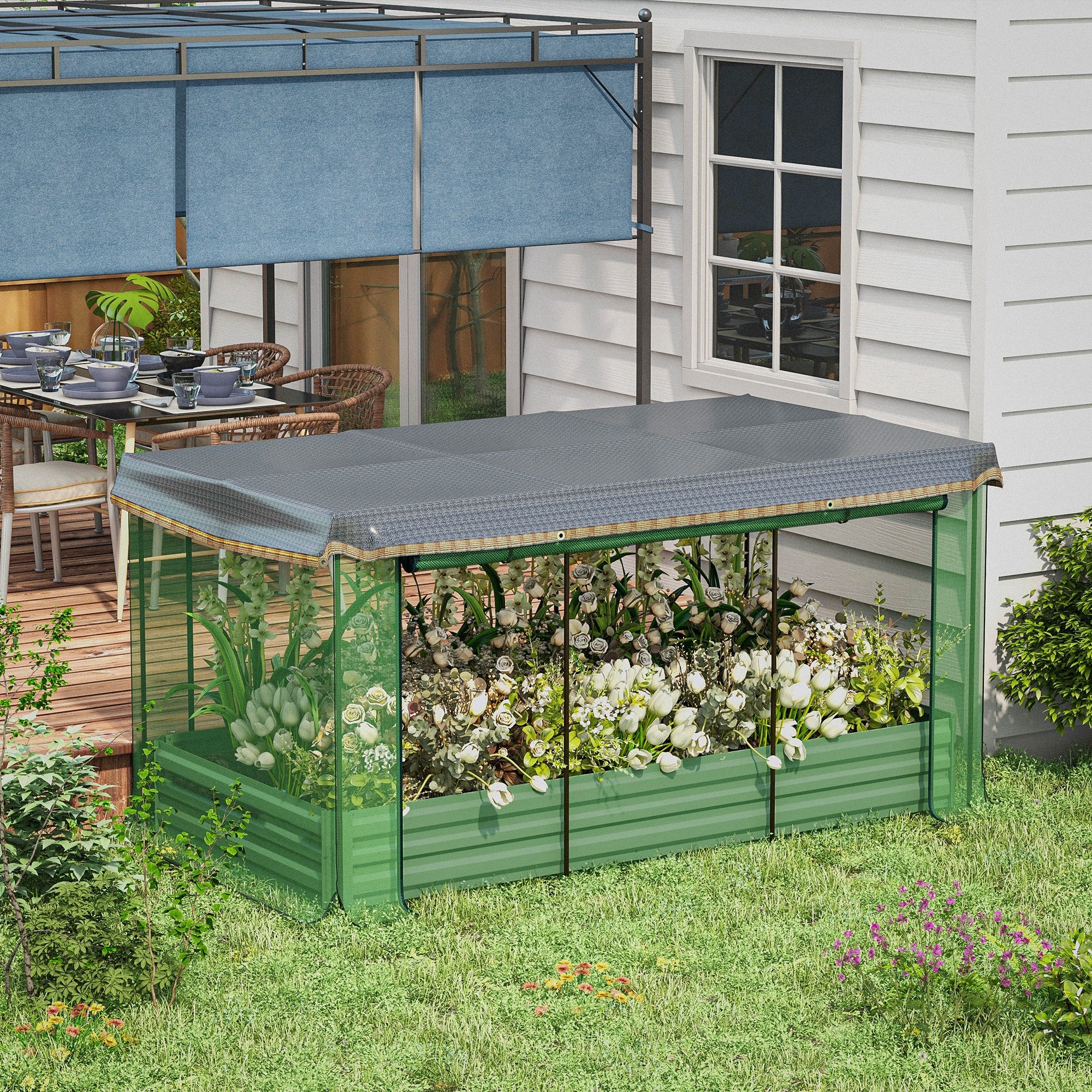 Raised Garden Bed with Crop Cage for Plant Protection Planter Box with Shade Net, Green - Image 3
