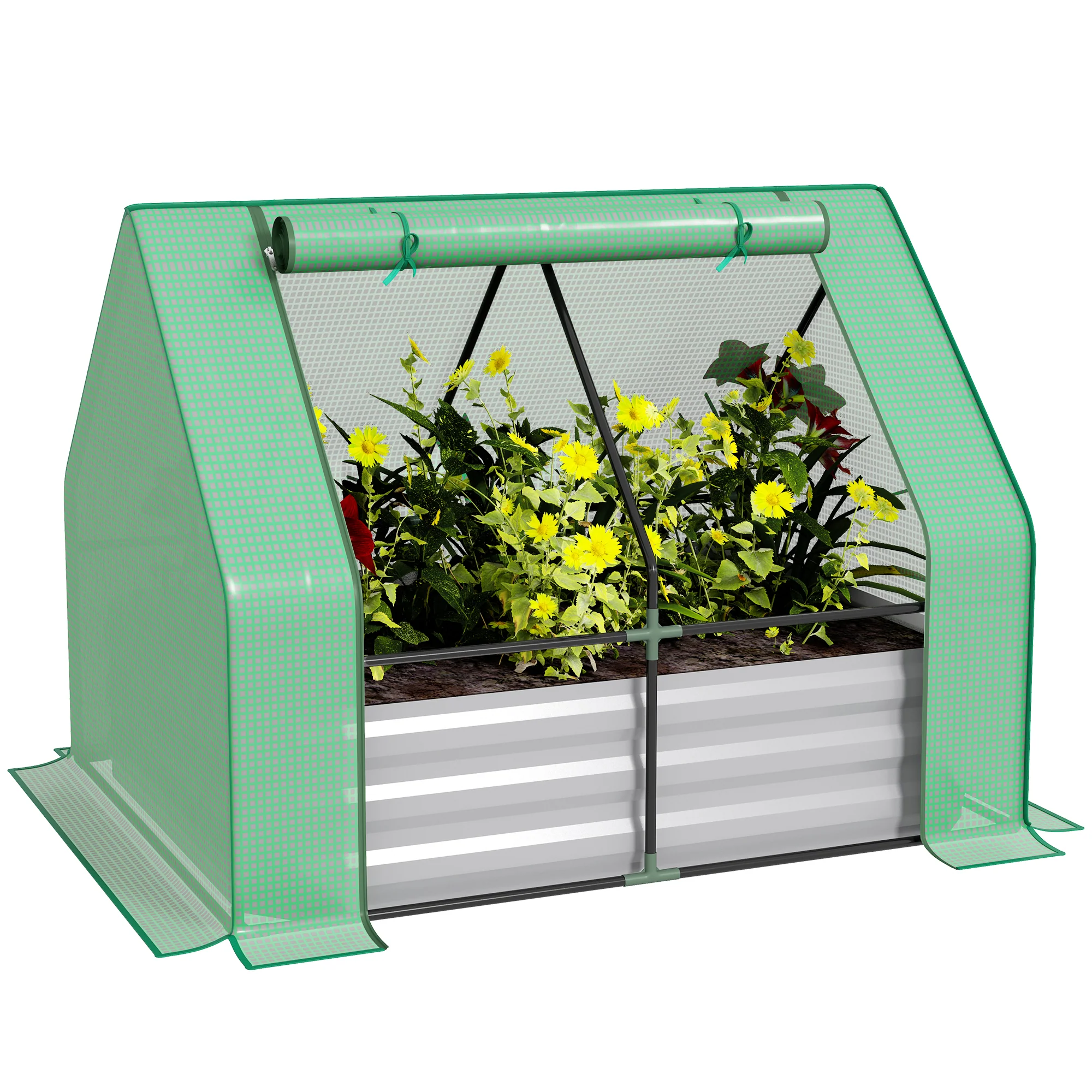 4' x 3' Galvanized Raised Garden Bed with Mini Greenhouse Cover, Outdoor Planter Box, Green