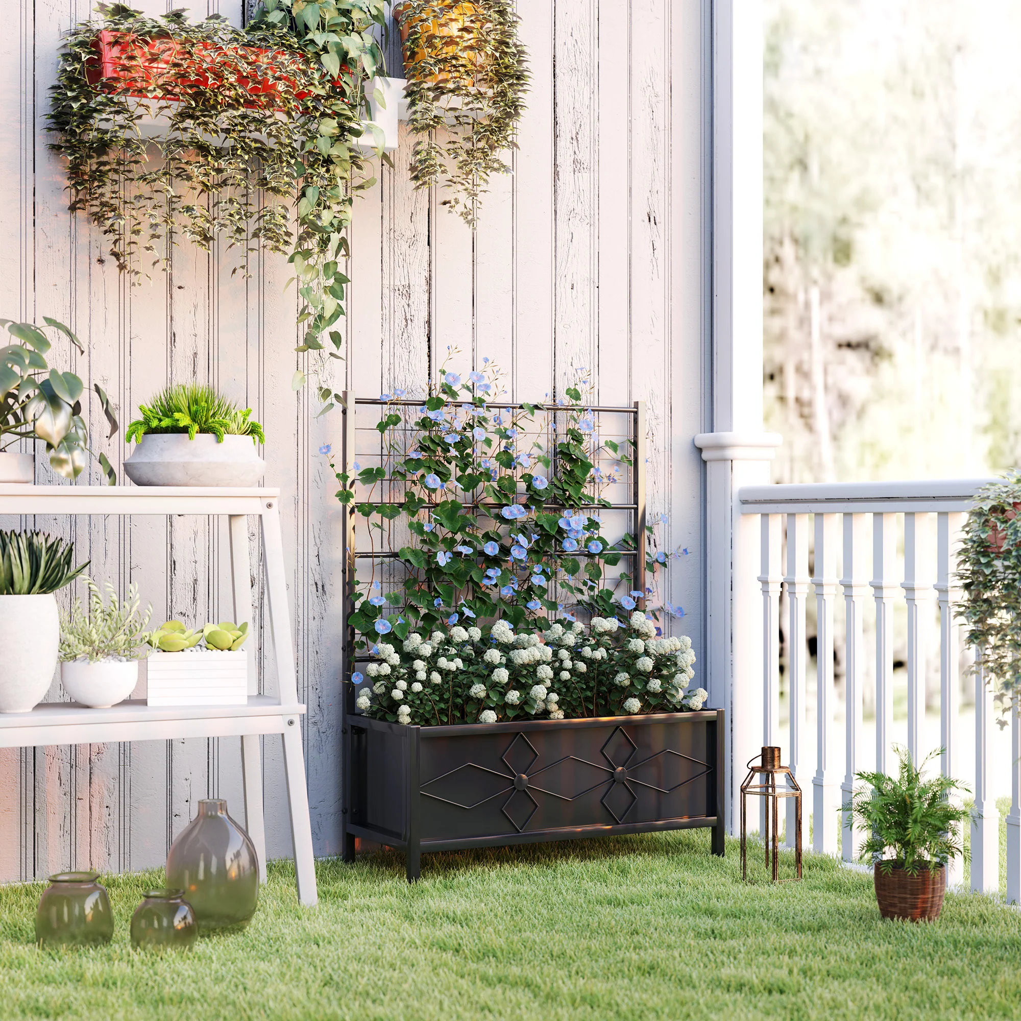 Galvanized Raised Garden Bed with Trellis, Outdoor Planter Box for Climbing Vines Vegetables Flowers, Metal Garden Box for Backyard Patio Balcony 35.4" x 15.7" x 47.2", Black - Image 3