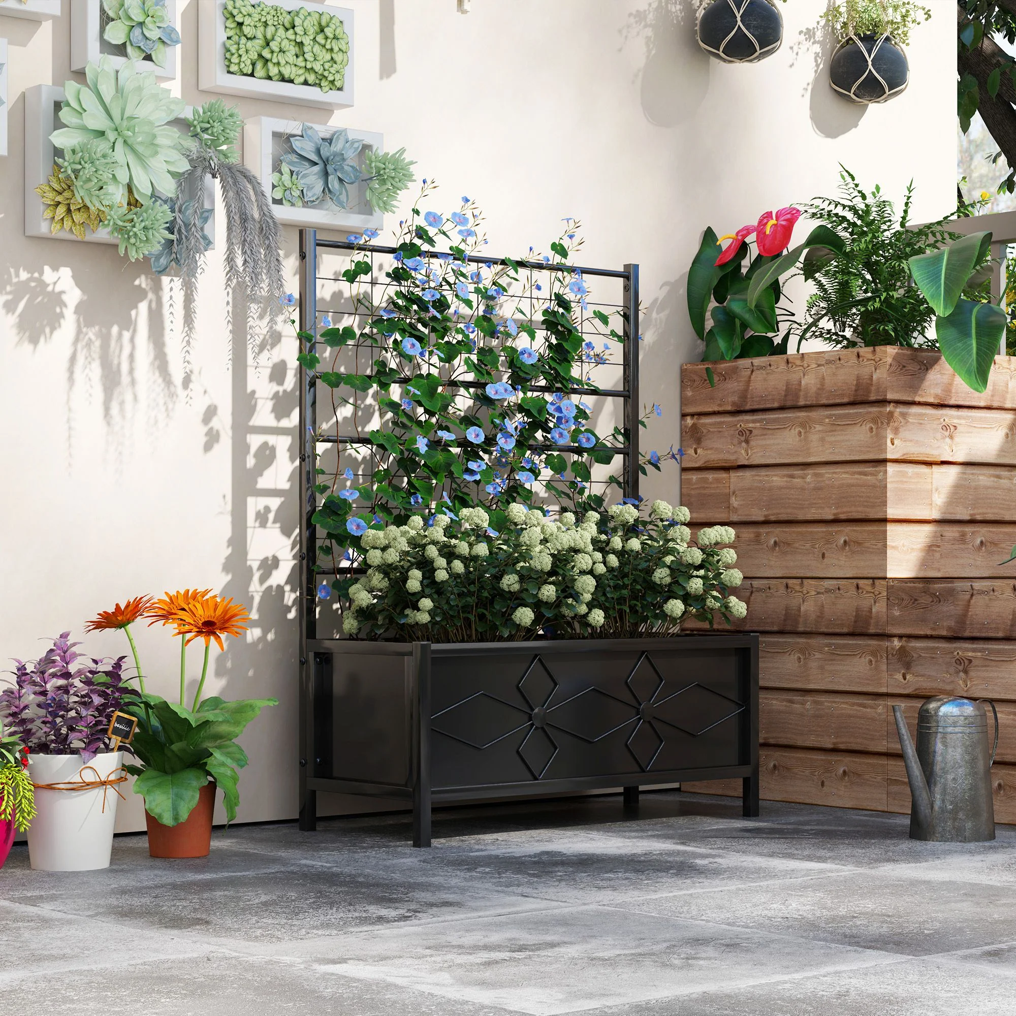 Galvanized Raised Garden Bed with Trellis, Outdoor Planter Box for Climbing Vines Vegetables Flowers, Metal Garden Box for Backyard Patio Balcony 35.4" x 15.7" x 47.2", Black - Image 4