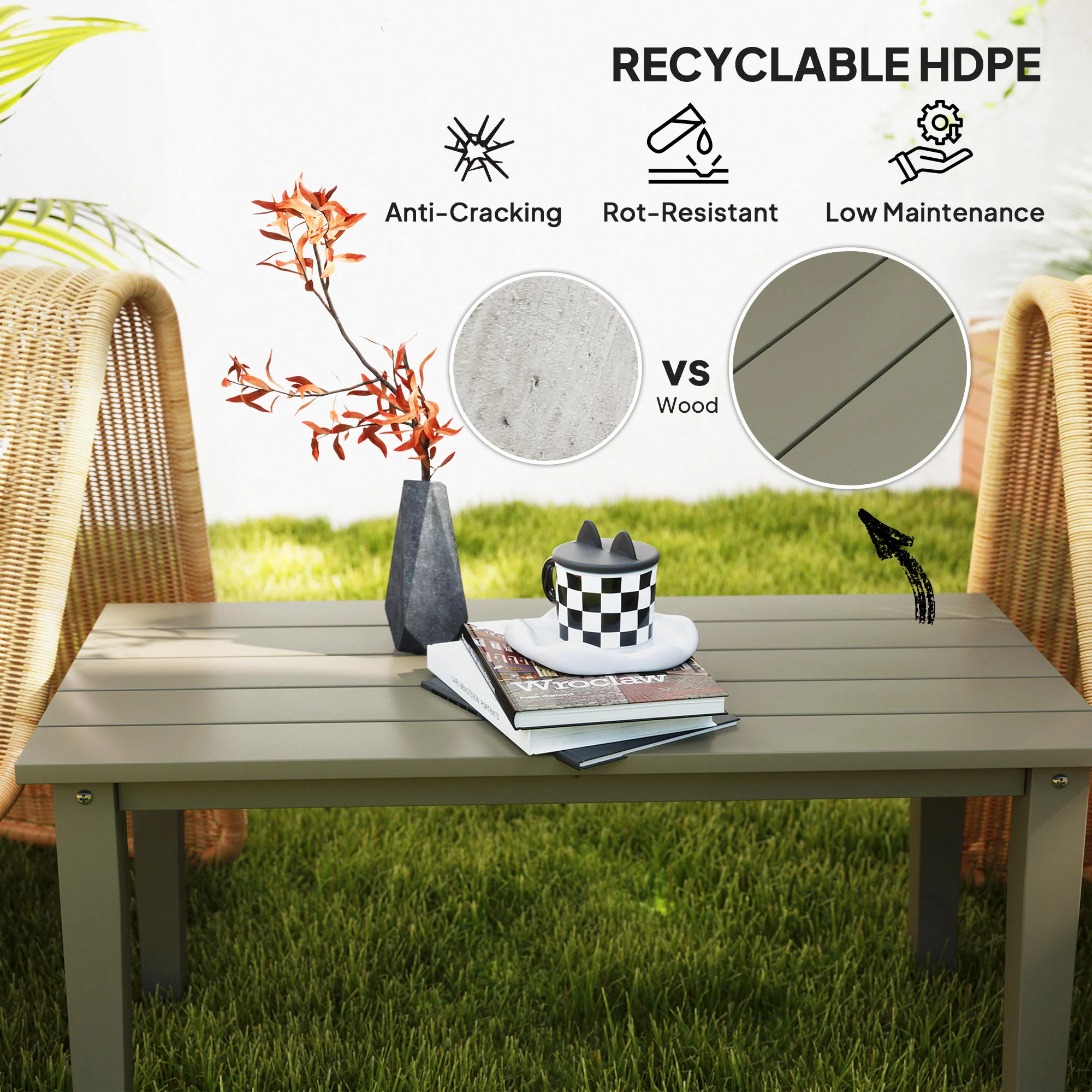 All-Weather HDPE Outdoor Coffee Table with Slatted Tabletop for Garden, Balcony, Backyard, Brown - Image 6