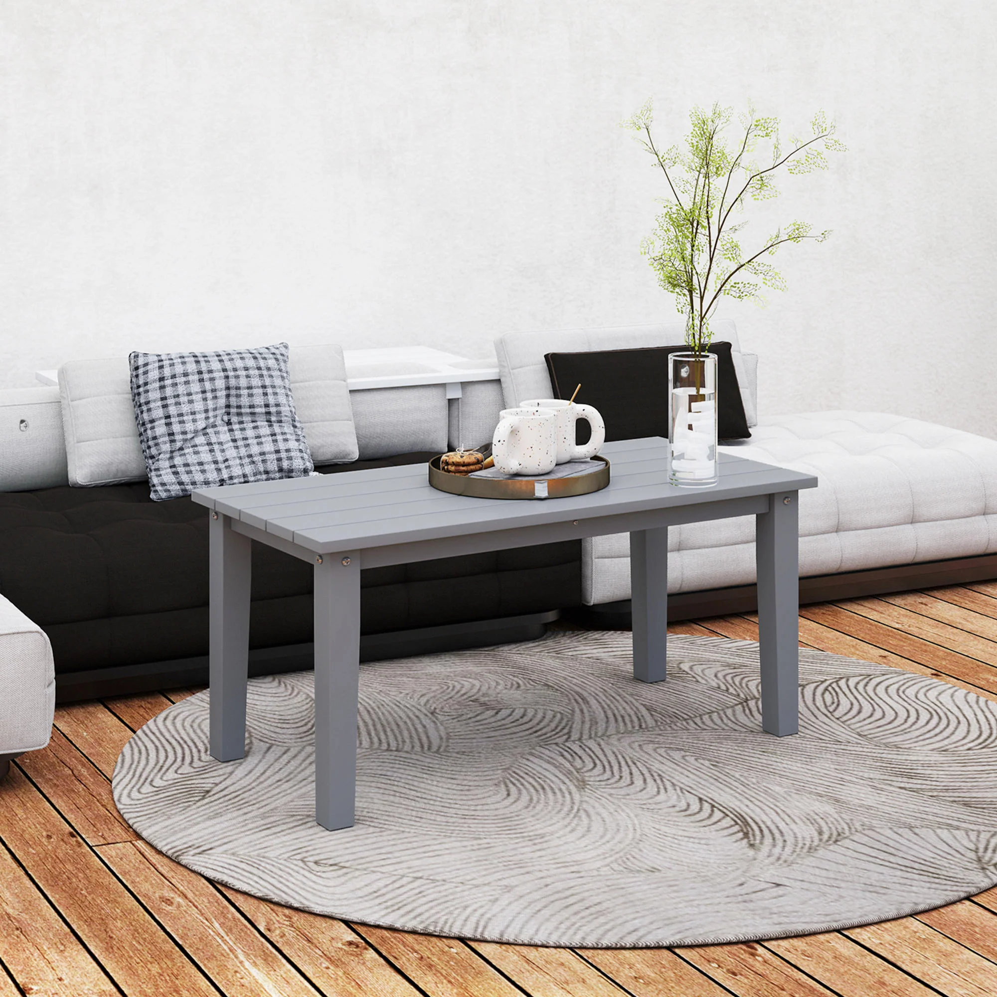 All-Weather HDPE Outdoor Coffee Table with Slatted Tabletop for Garden, Balcony, Backyard, Gray - Image 10